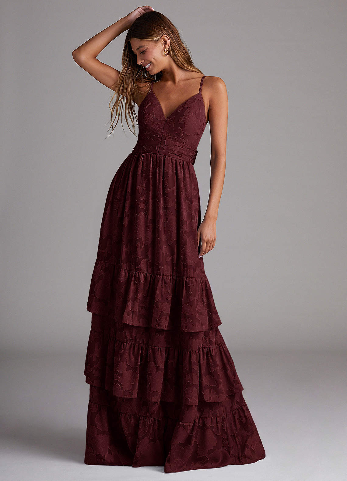 Azazie Nathalia Cabernet Floral Burnout Bridesmaid Dresses | Azazie