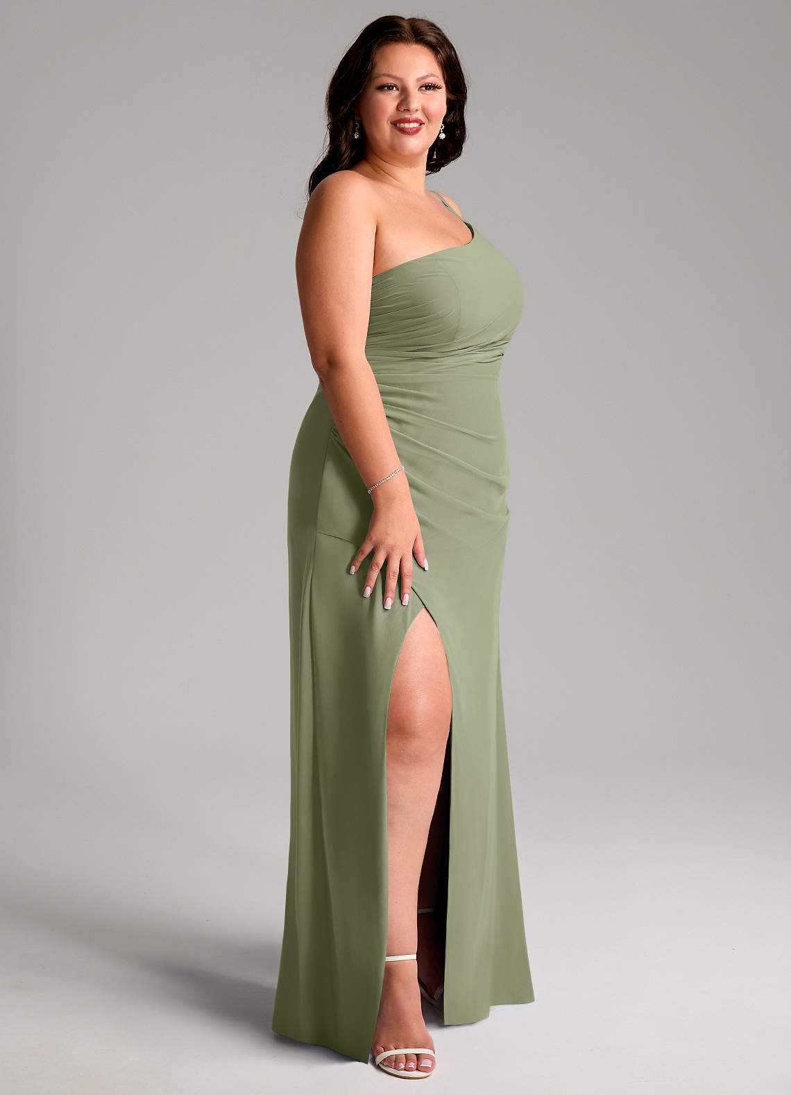 Azazie Eren Jurken voor bruidsmeisjes Jurk van Chiffon met Kolom One-Shoulder Pistache image11