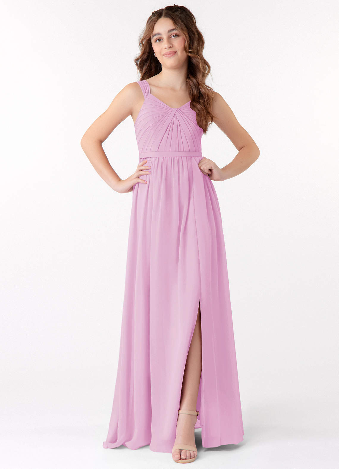 Azazie Evie Junior Vestido de Rosa Caramelo de Gasa de Corte en A con Plisado image1