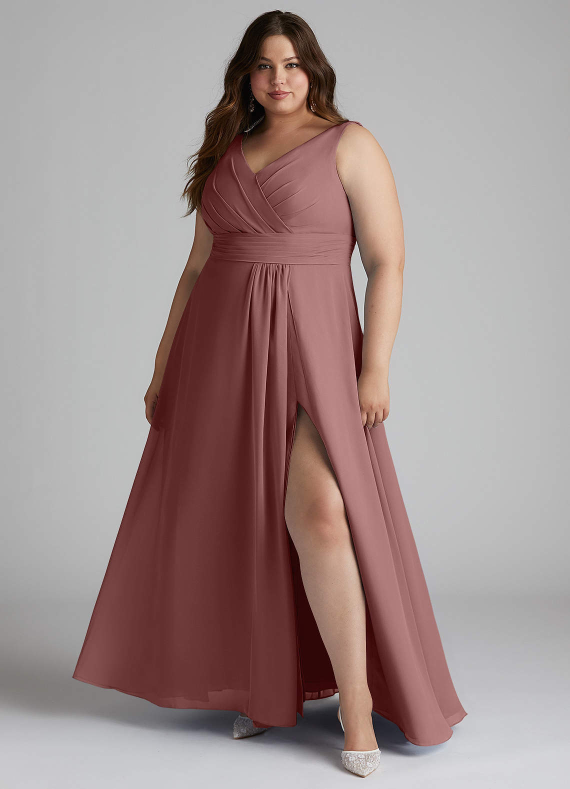 Azazie Karina Bridesmaid Dresses Desert Rose A-Line Pleated Chiffon Dress image1
