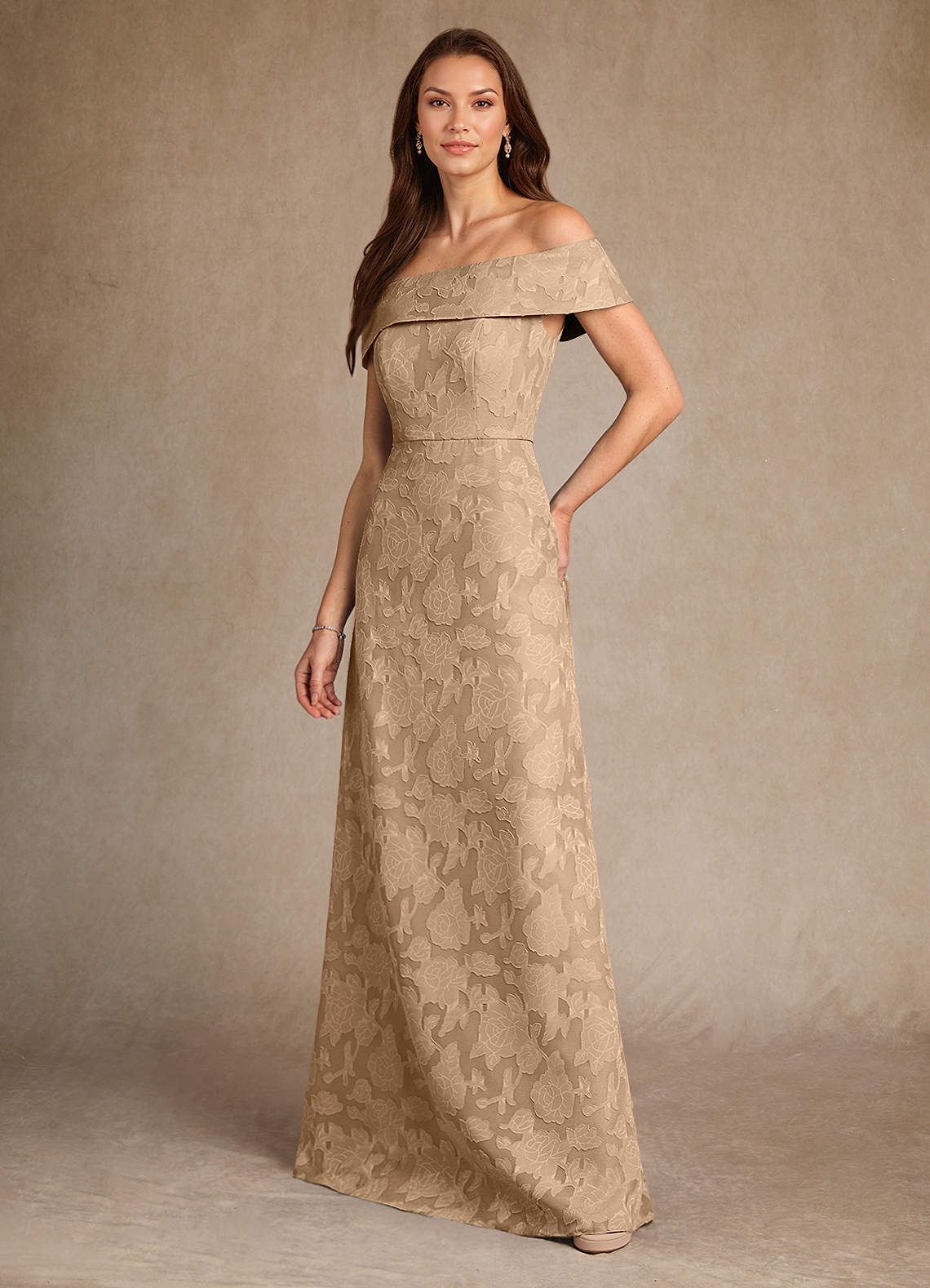 Azazie Medford Mother of the Bride Dresses Champagne A-Line Off the Shoulder Floral Burnout Dress image4