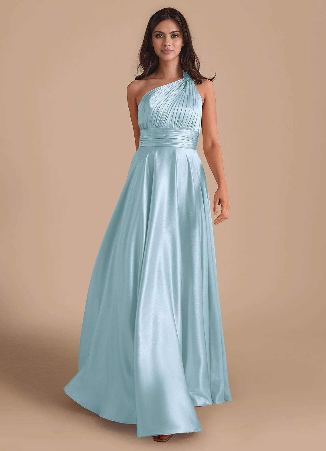Azazie Charlize Vestidos de damas de honor Vestido de Azul Cielo de Satén Metálico de Corte en A con Hombro unilateral image1