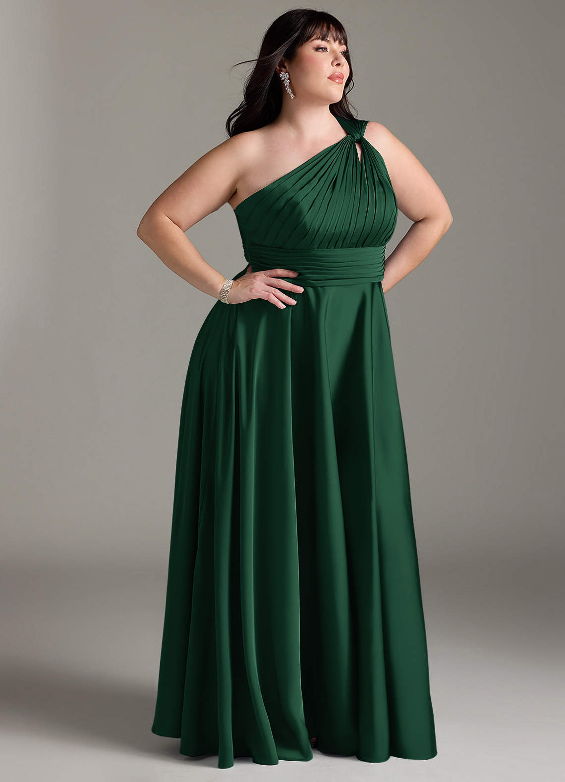 Azazie Charlize Bridesmaid Dresses Dark Green A-Line One Shoulder Stretch Satin Dress image11
