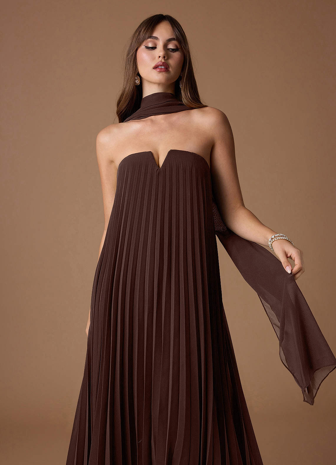 Nahla Truffle Allover Pleated Maxi Dress | Azazie