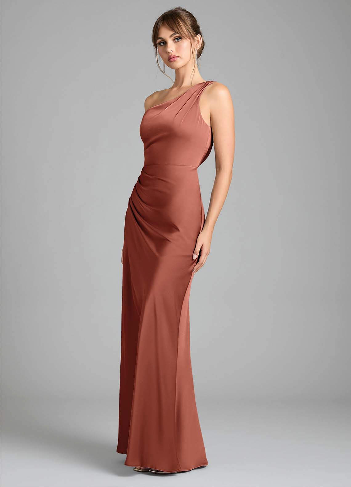 Azazie Madelyn Bridesmaid Dresses Auburn Mermaid One Shoulder Stretch Satin Convertible Dress image5