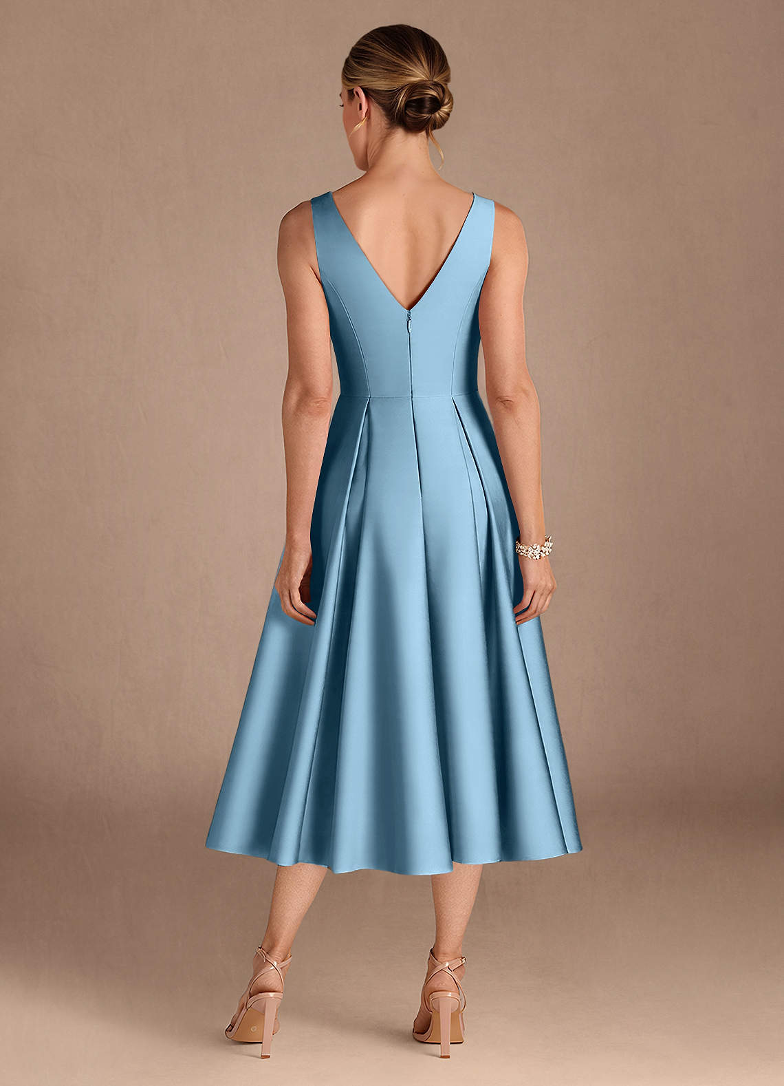 Azazie Fulton Mother of the Bride Dresses Steel Blue A-Line Pleated Stretch Satin Dress image2