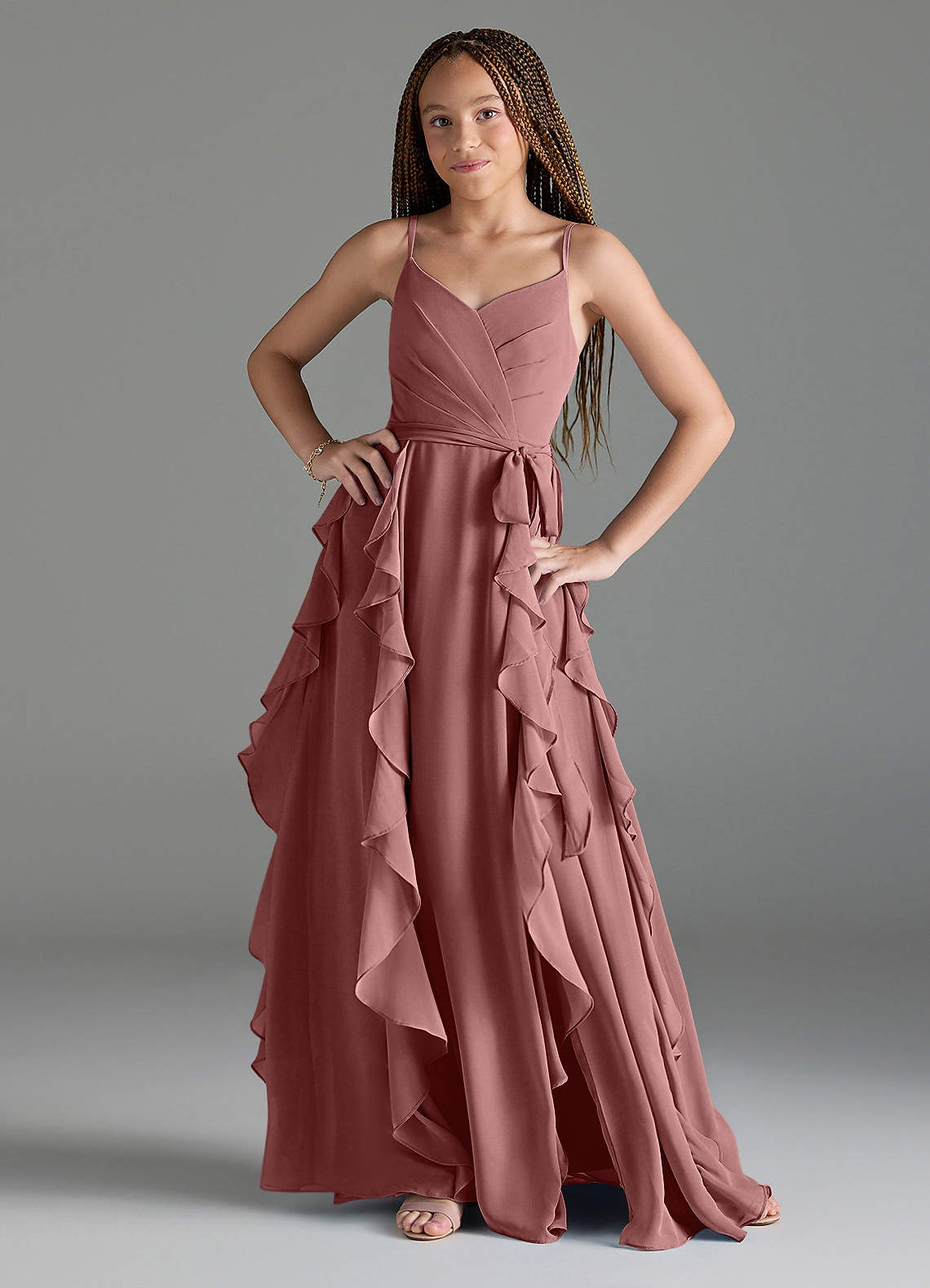 Azazie Peyton Junior Desert Rose A-Line V-Neck Cascading Ruffles Chiffon Dress image1