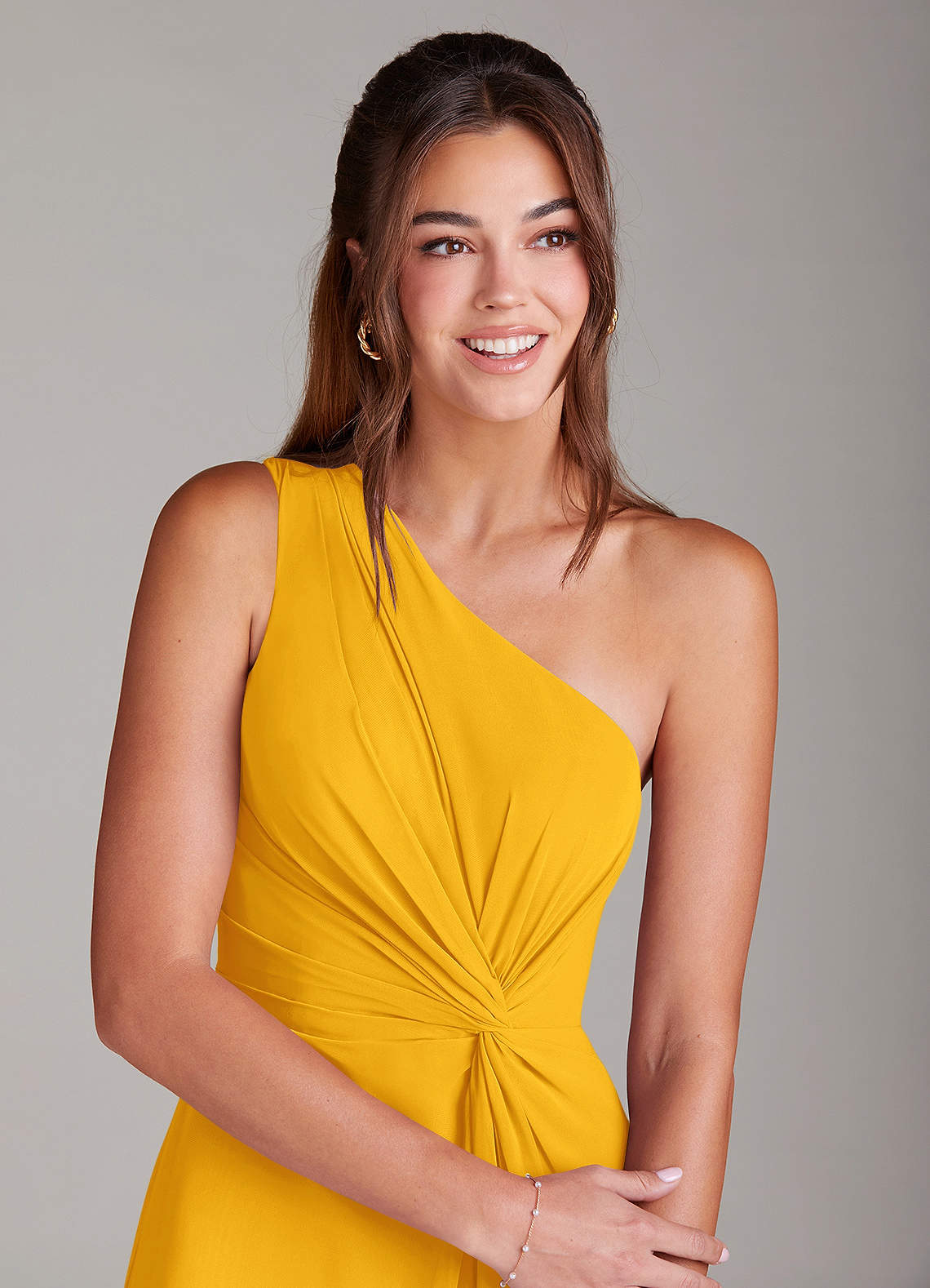 Azazie Brooke Bridesmaid Dresses Marigold A-Line One Shoulder Chiffon Dress image5