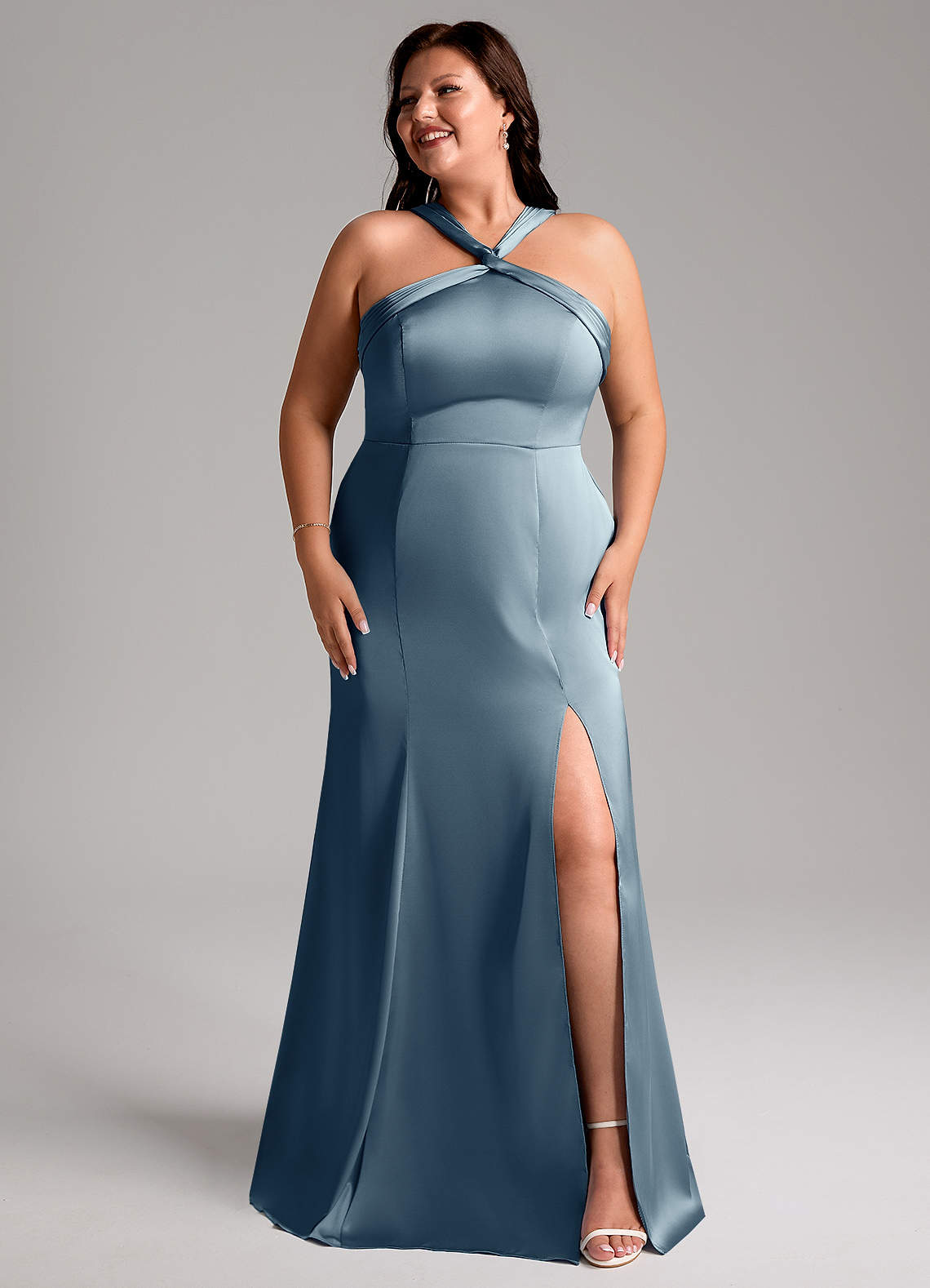 Azazie Rue Bridesmaid Dresses Dusty Blue A-Line Pleated Stretch Satin Dress image9