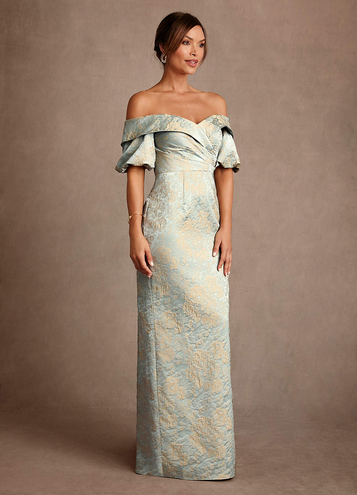 Azazie Golda Mother of the Bride Dresses Vintage Blue Sheath Off the Shoulder Jacquard Dress image3