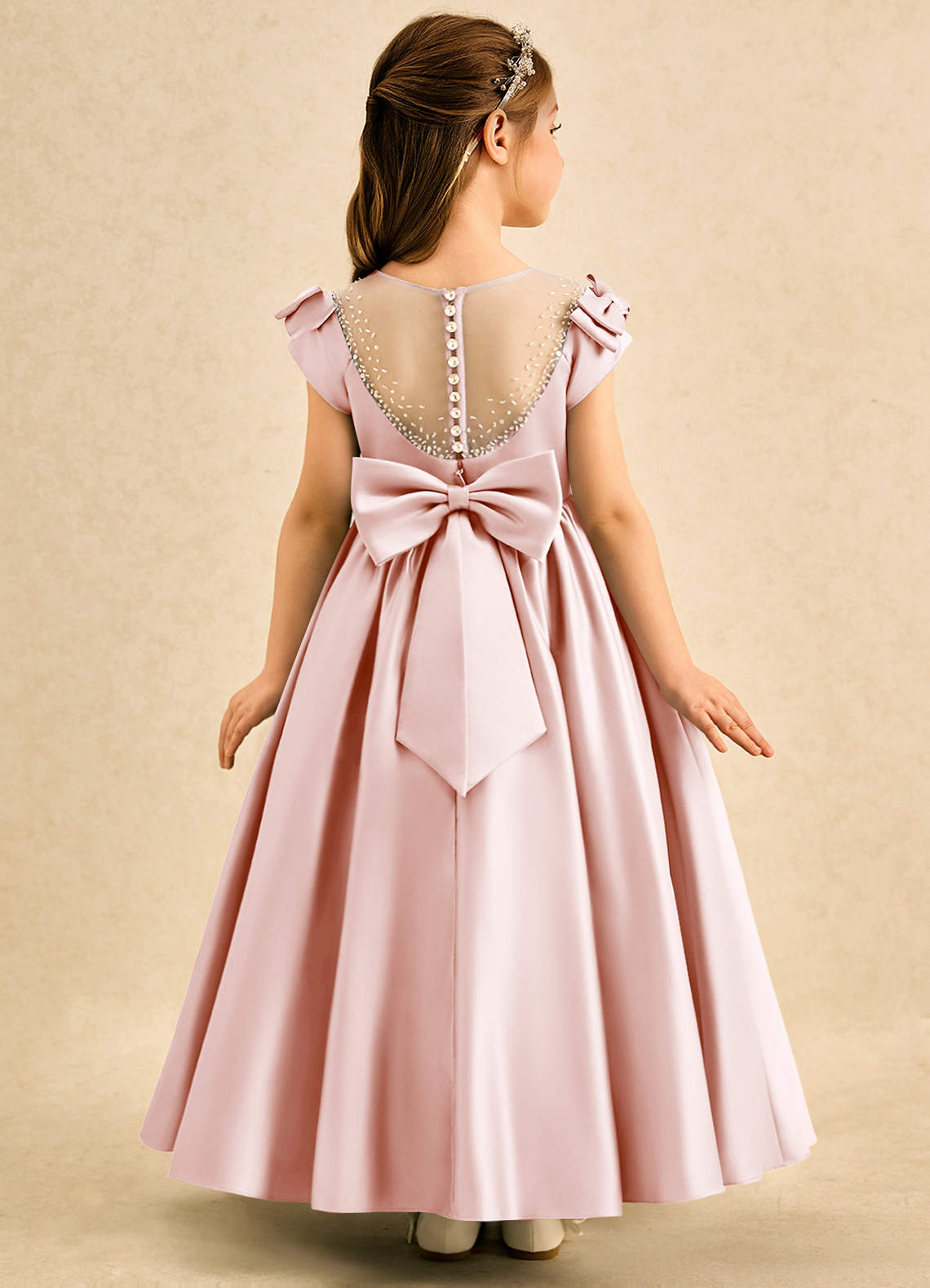 Azazie Toffee Blushing Pink Ball-Gown Bow Matte Satin Dress | Azazie