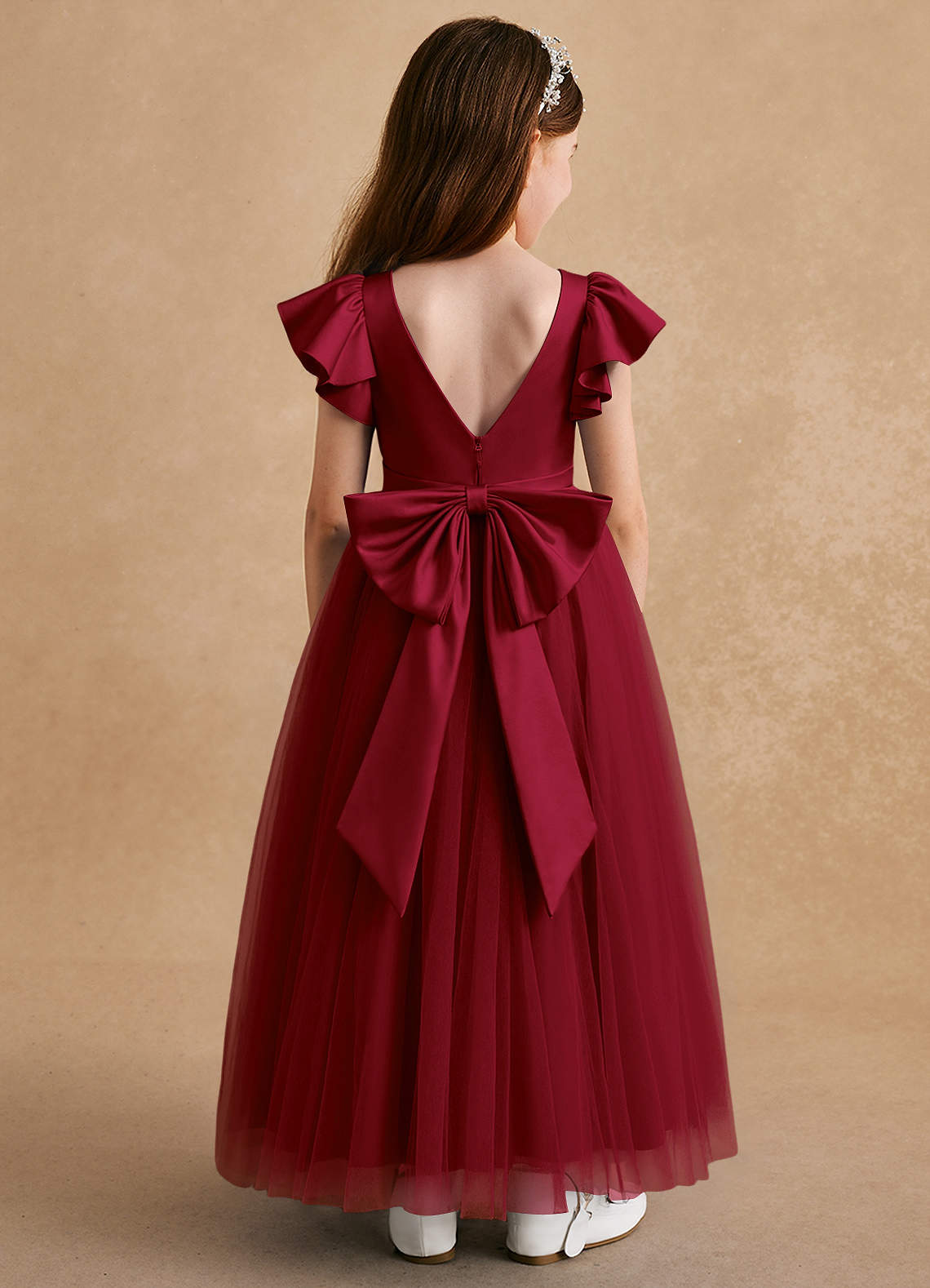 Azazie Suzy Flower Girl Dresses Burgundy A-Line with Sleeves Tulle Dress image1