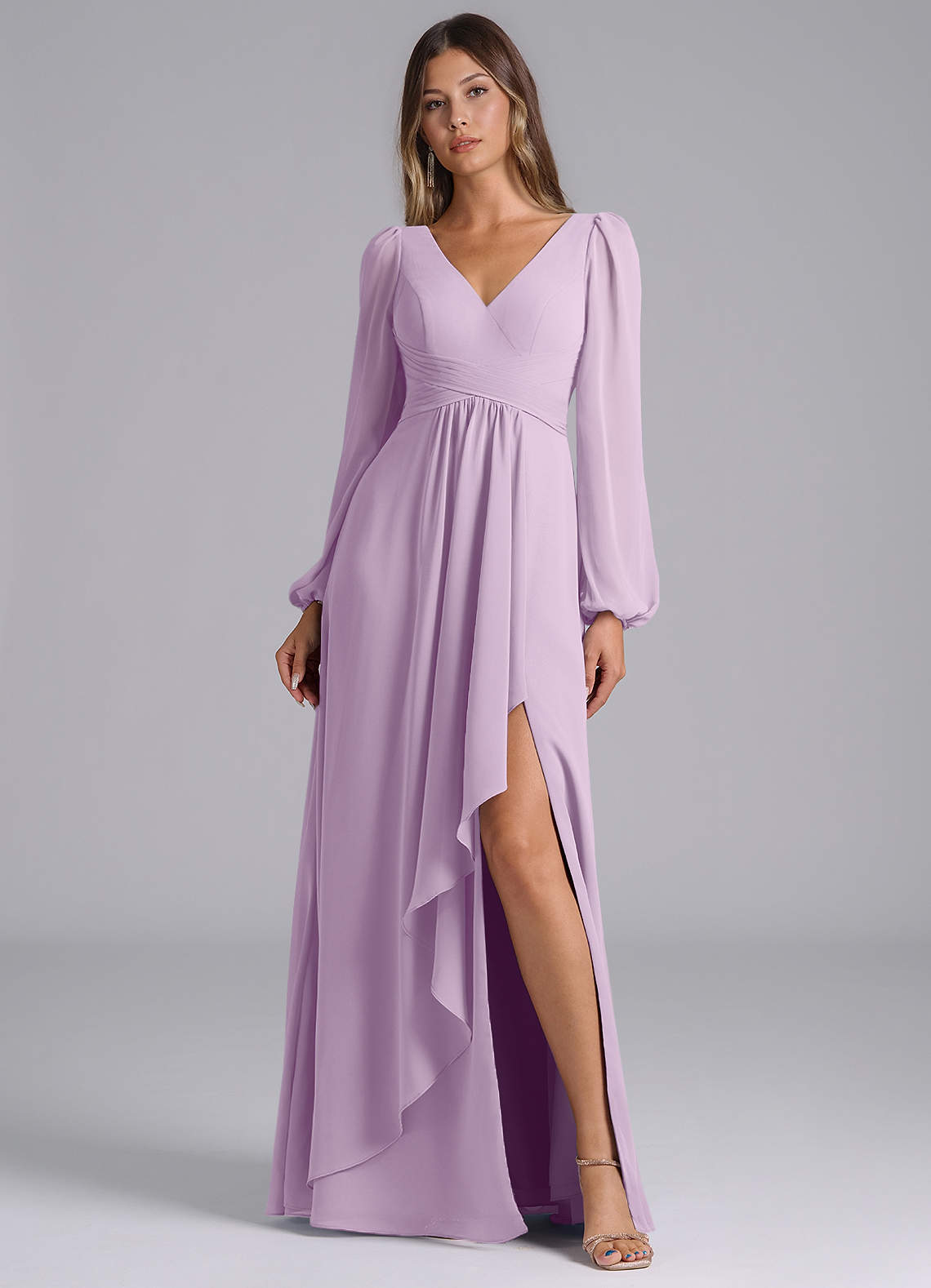 Azazie Liah Jurken voor bruidsmeisjes Jurk van Chiffon met A-Lijn Lange mouw Frosted Lila image1