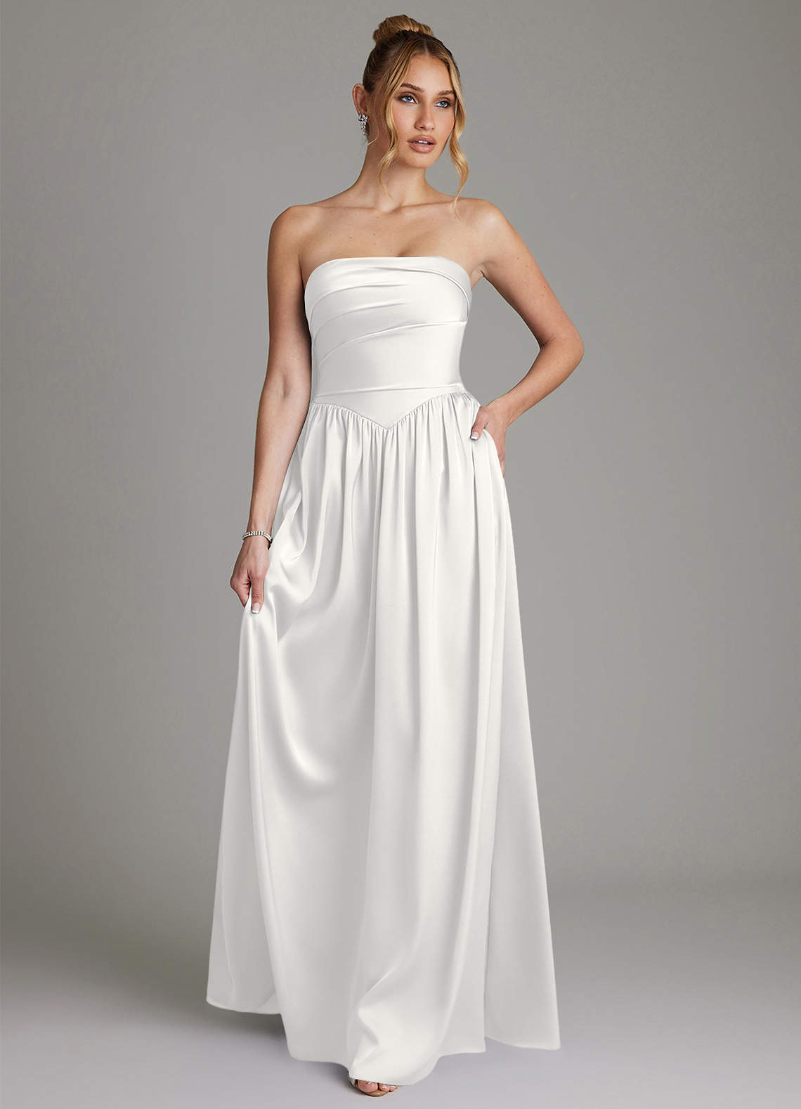 white strapless bridesmaid dress Strapless Satin Bridal Gown with Draped Overskirt JB43622