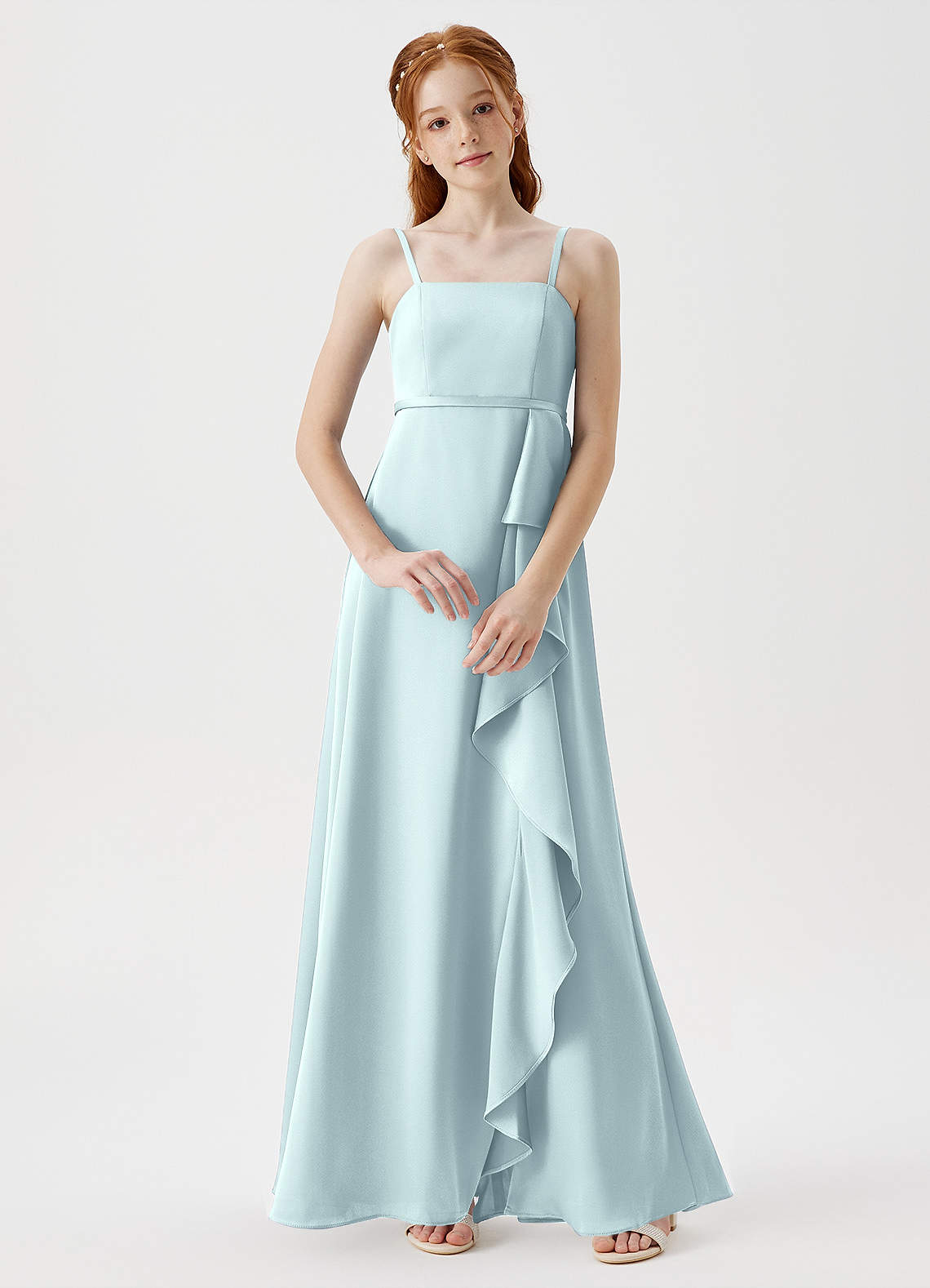 Azazie Kaylee Junior Robe Trapèze en Satin extensible avec ceinture Brume image1
