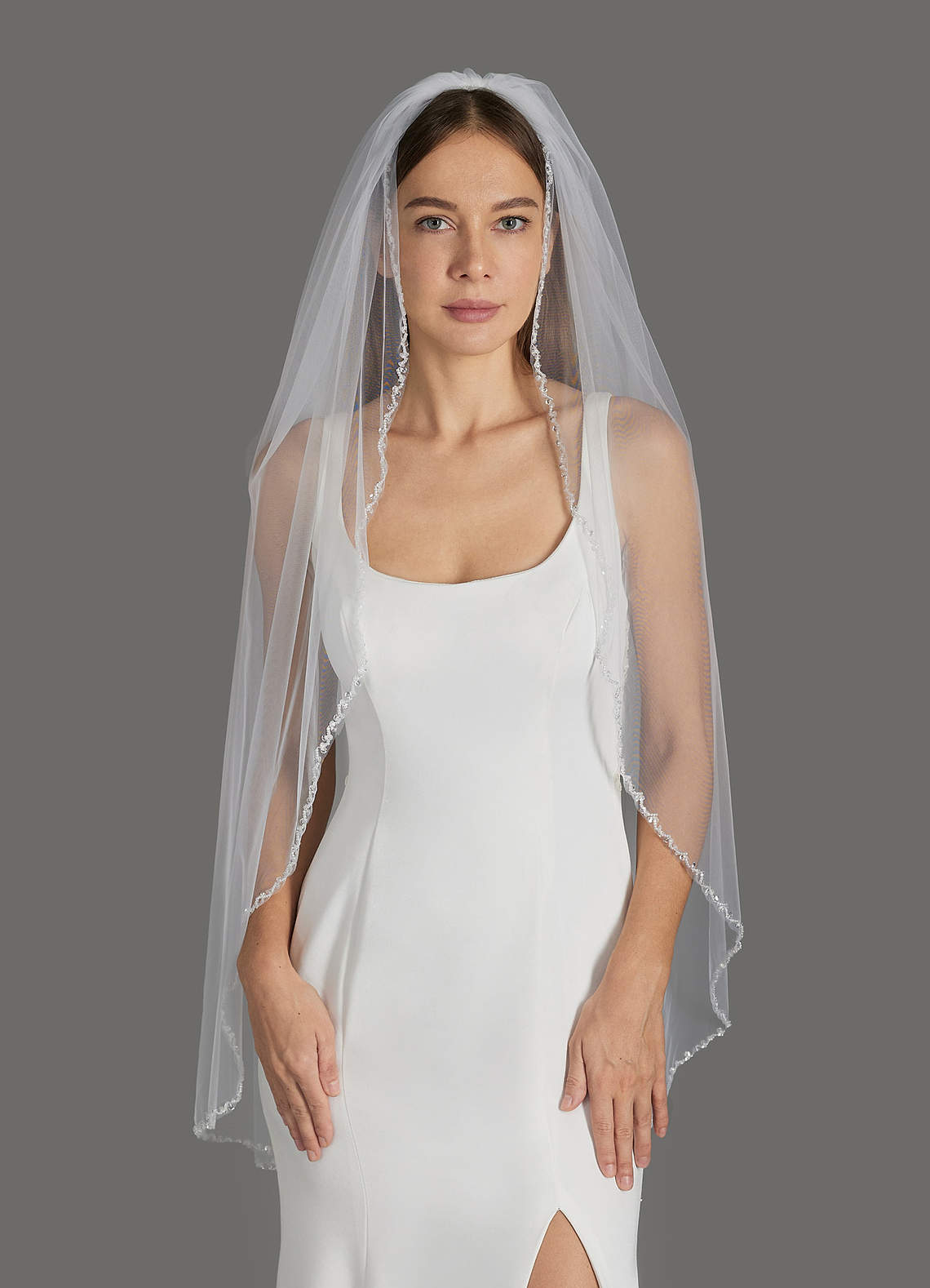 front Sheena Beads Fingertip Length Veil