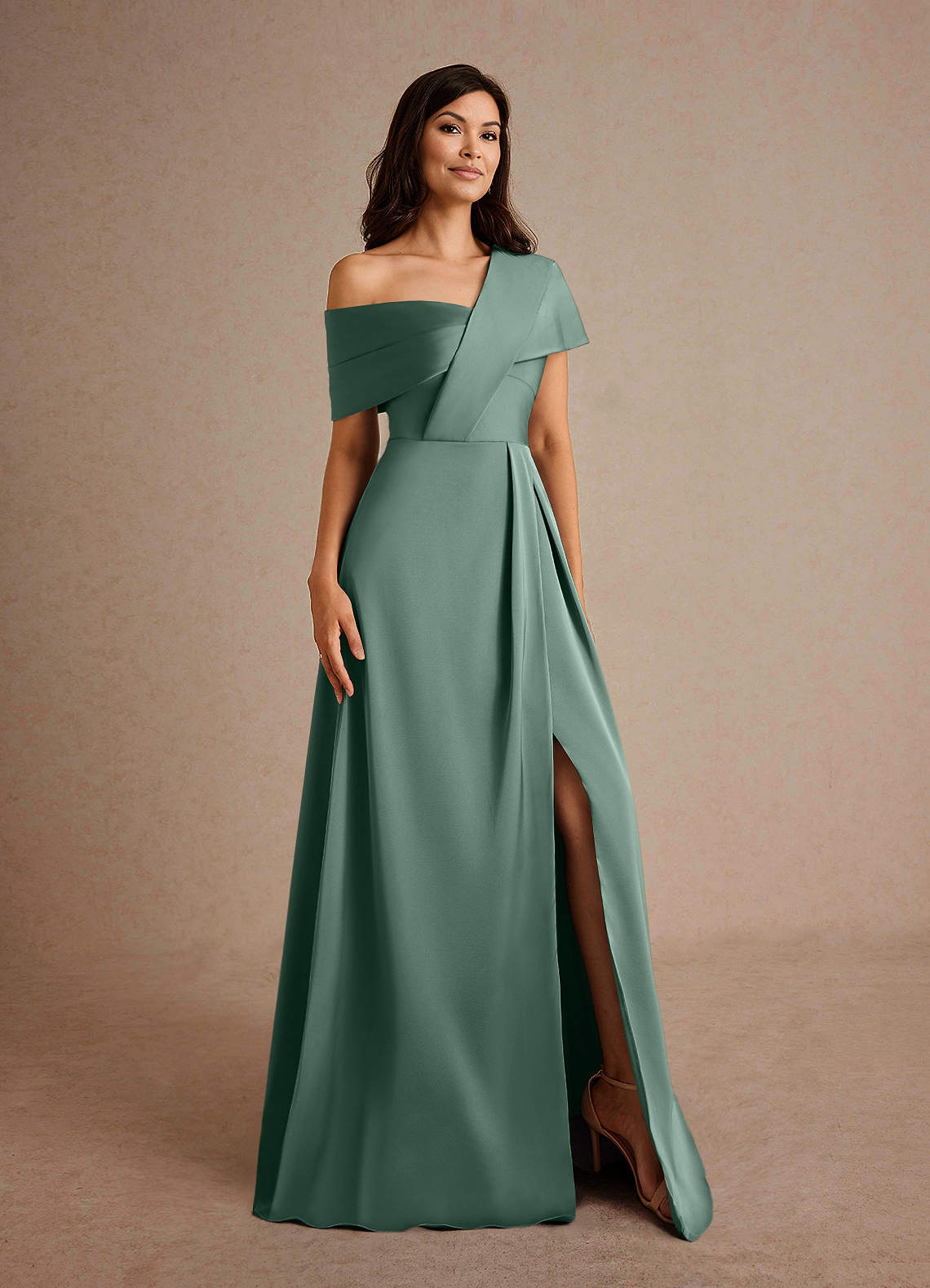 Azazie Milton Vestidos para mãe da noiva Vestir Eucalipto de Cetim elástico de Linha A com Plissado image7
