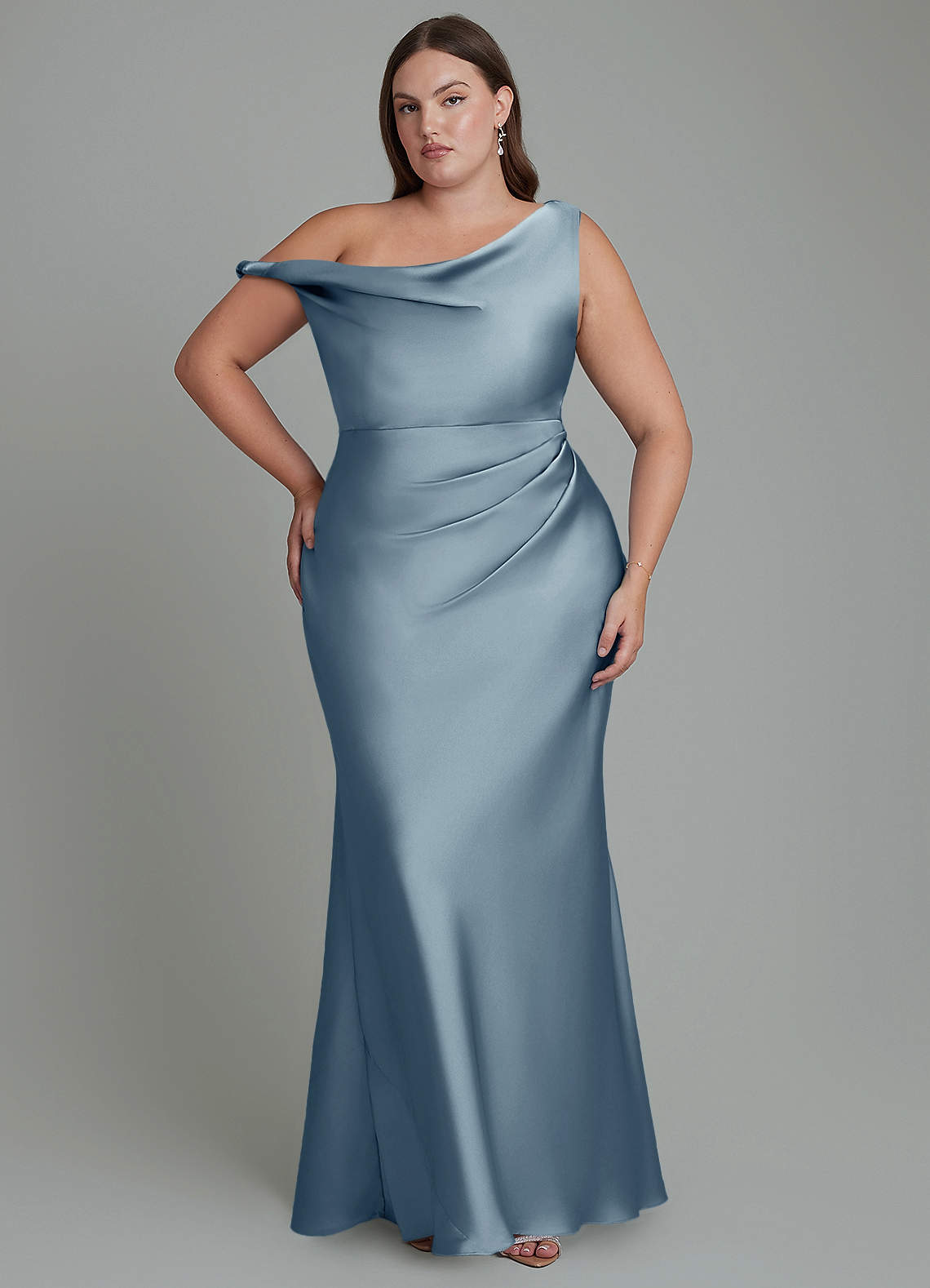 Azazie Emerson Bridesmaid Dresses Dusty Blue Mermaid Off the Shoulder Stretch Satin Dress image7