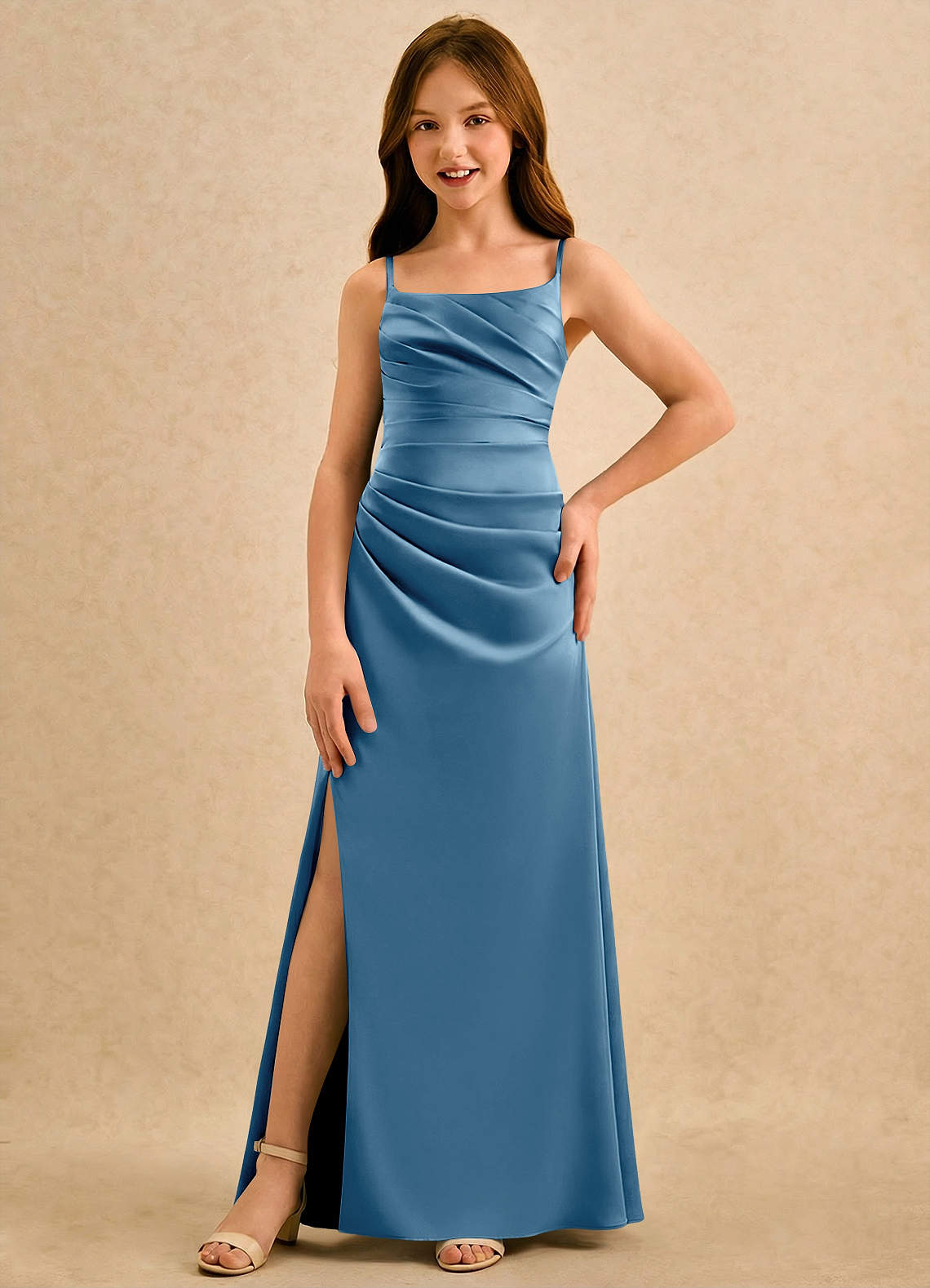 Azazie Cannoli Girls Formal Vestidos de florista Vestido Aço Azul de Cetim fosco de Linha A com Plissado image2