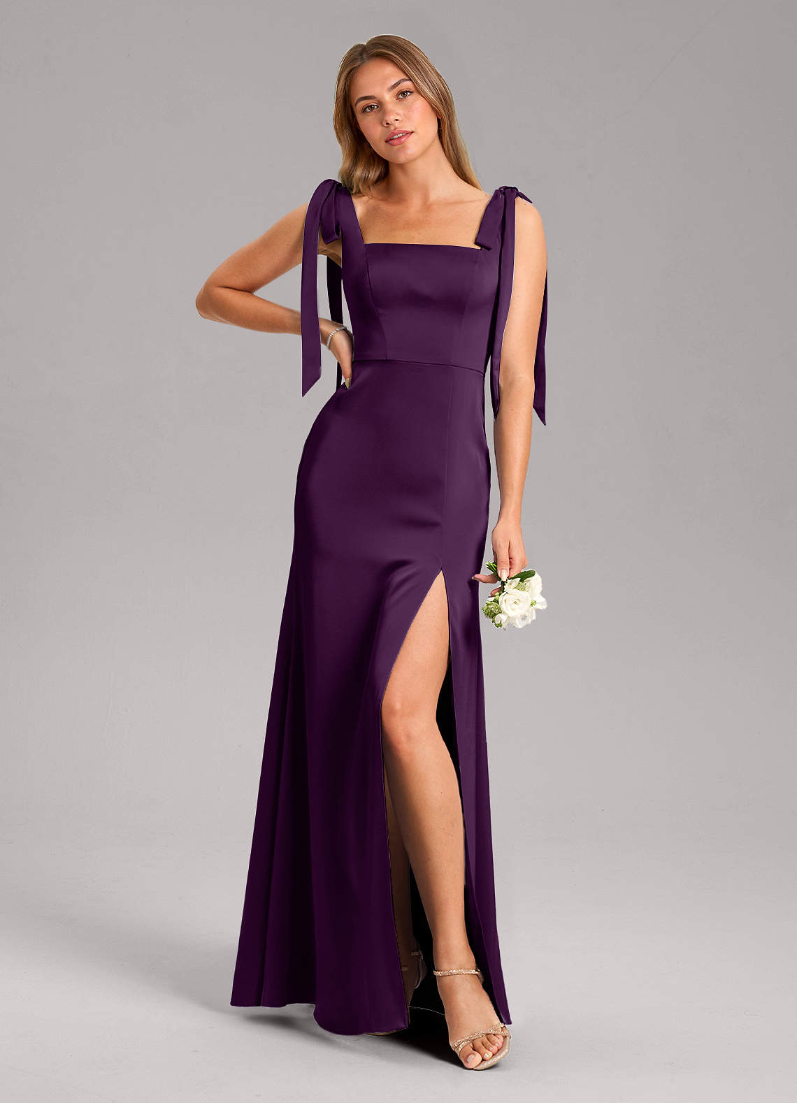 Azazie Frostine Bridesmaid Dresses Grape A-Line Bow Stretch Satin Dress image1