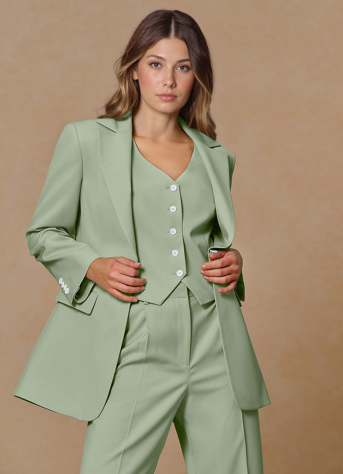 front Rowan Dusty Sage Refined Weave Performance blazer