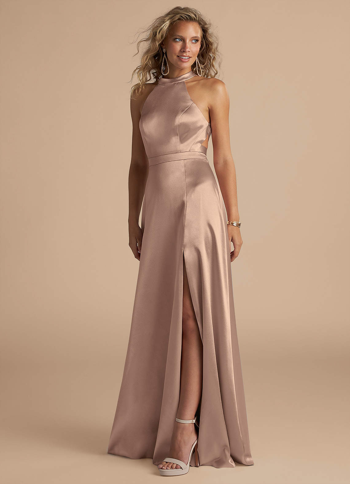 Azazie Clarice Bridesmaid Dresses Taupe A-Line High Neck Metallic Satin Dress image1