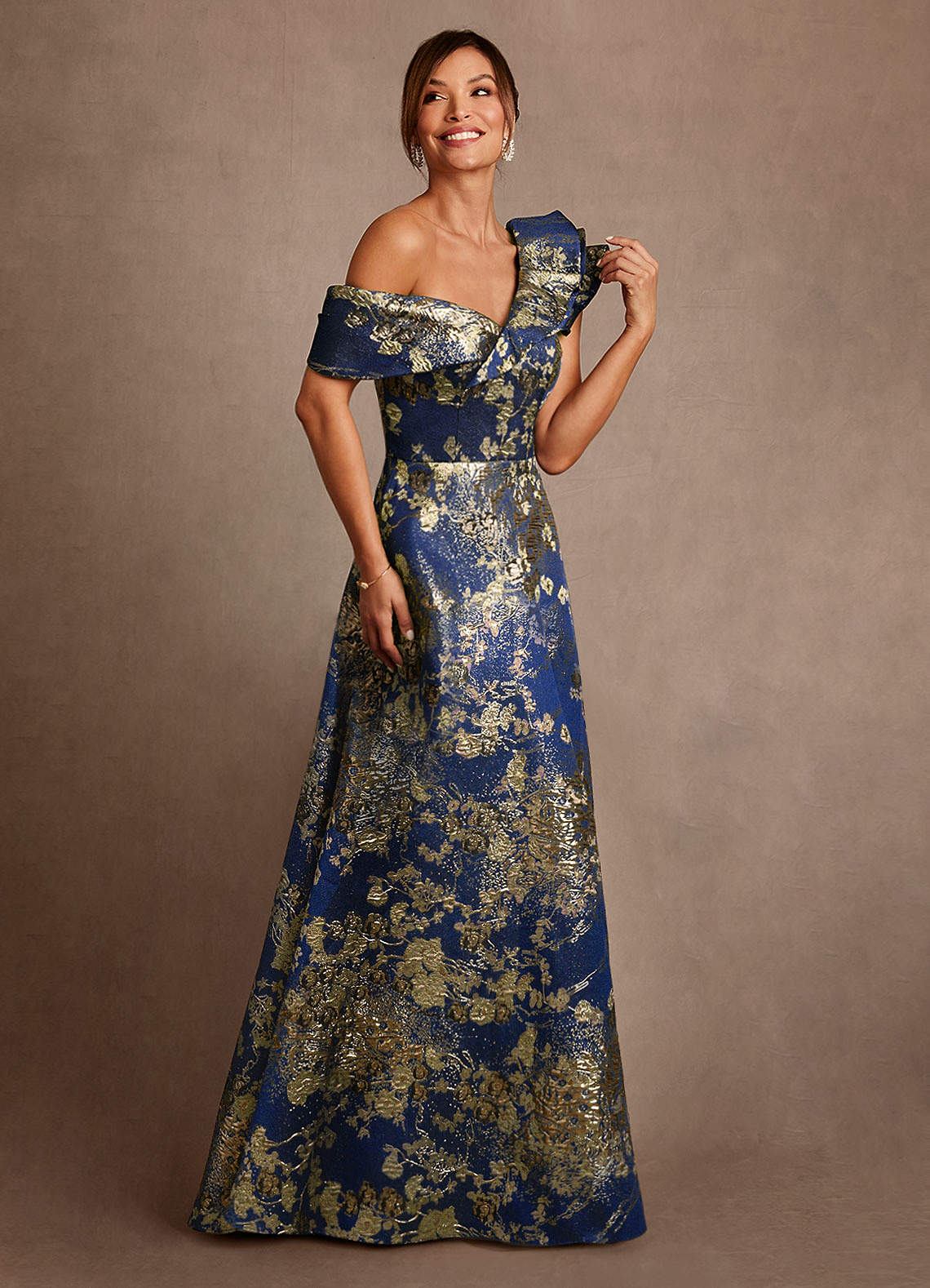 Azazie Des Moines Abiti per la Madre della Sposa Abito A-Line in Jacquard Floreale Monospalla Navy Floreale image1