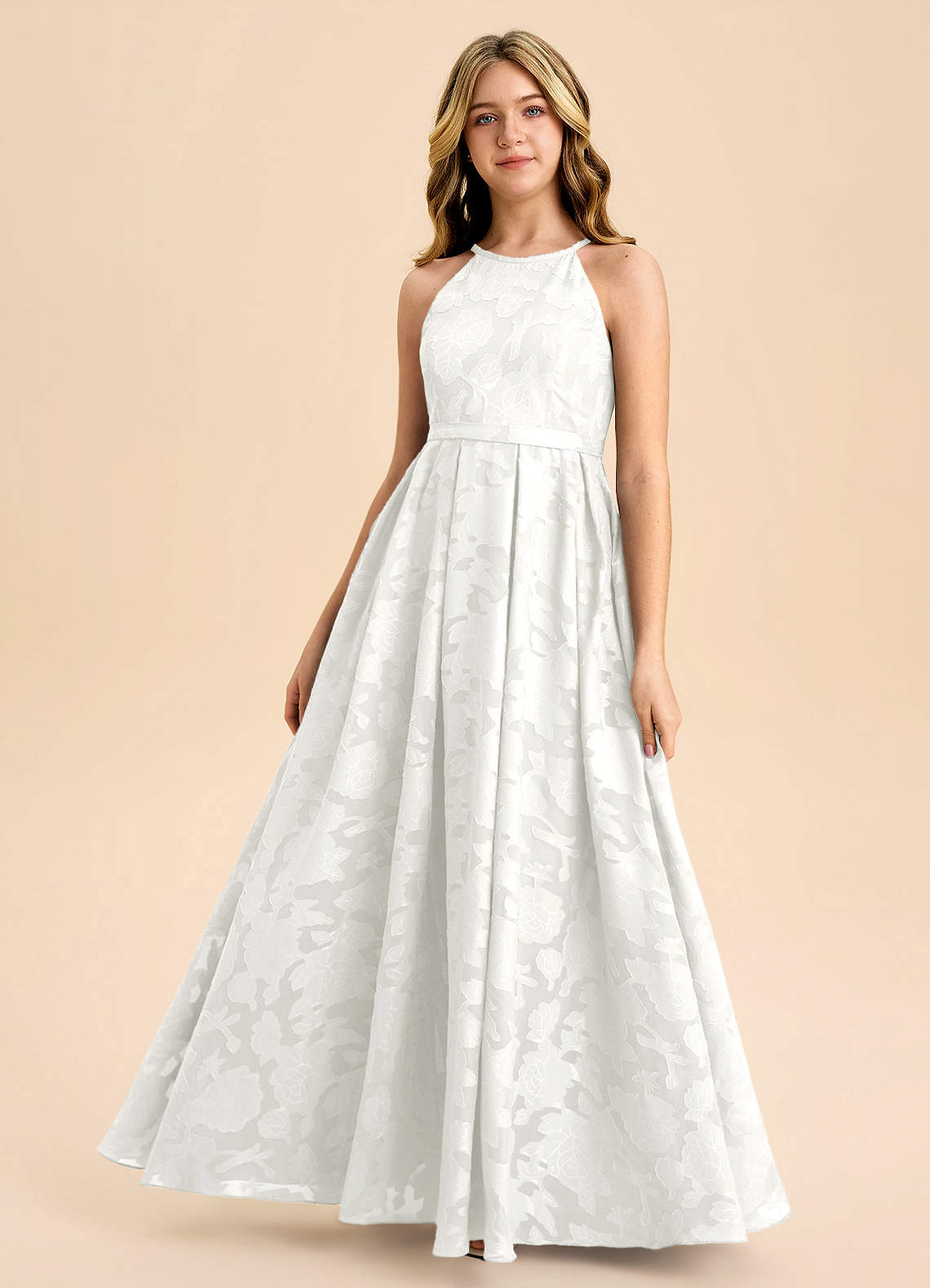 Azazie Arianthe Junior White A-Line Pleated Floral Burnout Dress image1