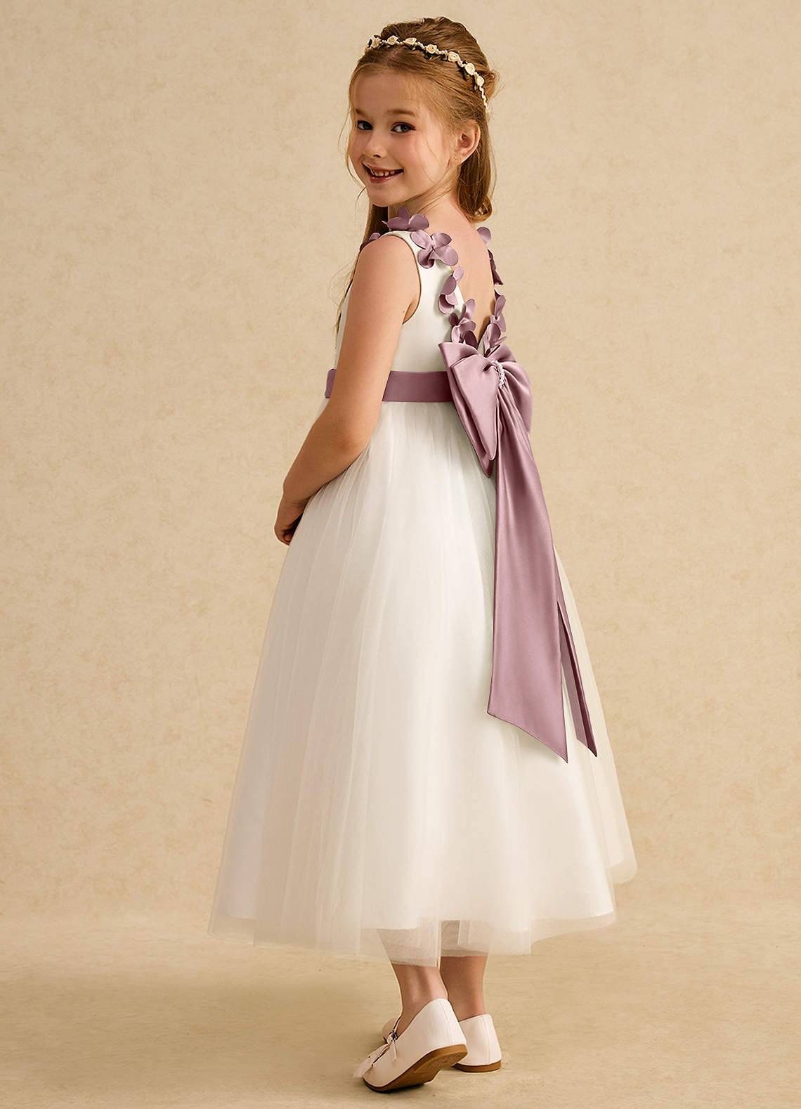 Azazie Lilli Robe Demoiselle D'honneur Fillette Robe Trapèze en Tulle Arc Ivoire Rose Poussiéreux image2