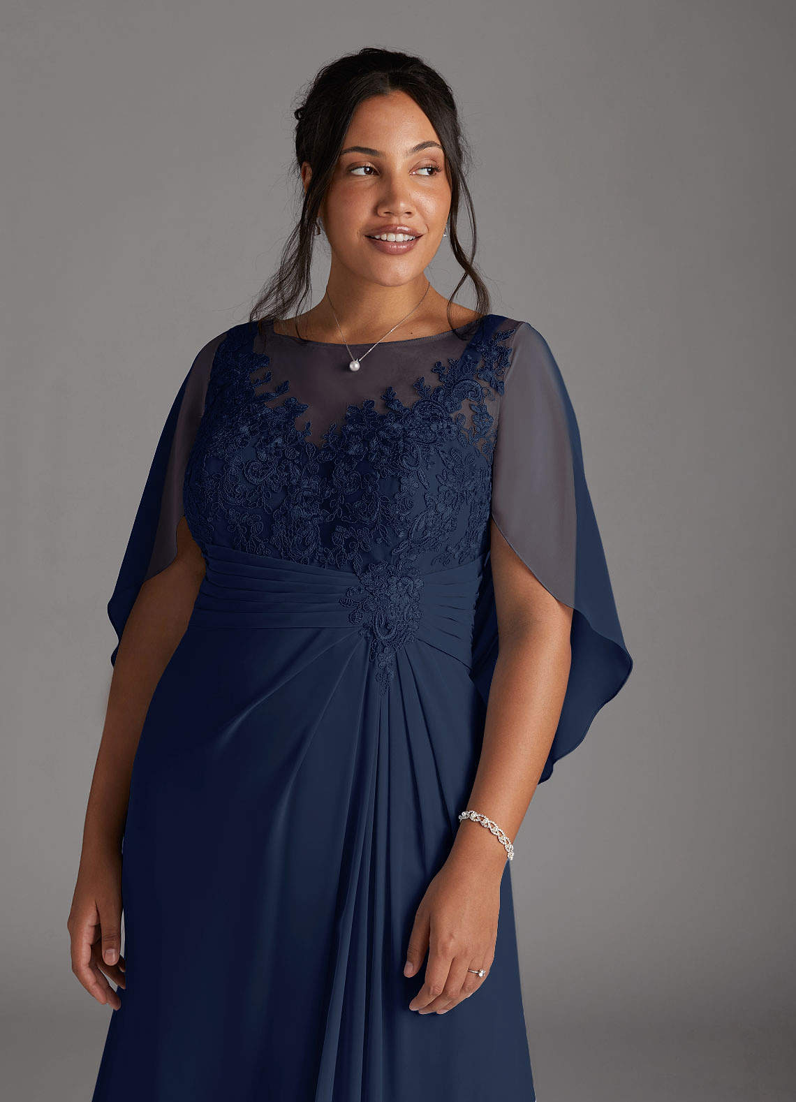 Azazie Hera Mother of the Bride Dresses Dark Navy A-Line Lace Capelet Chiffon Dress image10