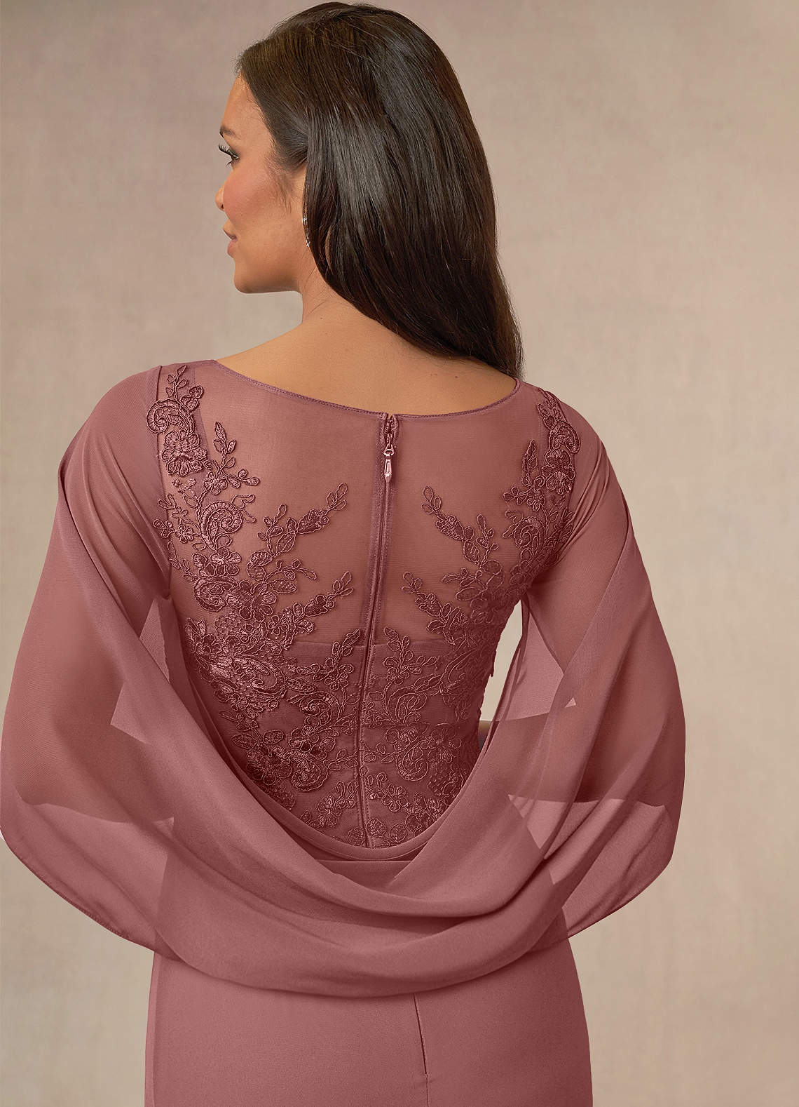 Azazie Hera Mother of the Bride Dresses Desert Rose A-Line Lace Capelet Chiffon Dress image10