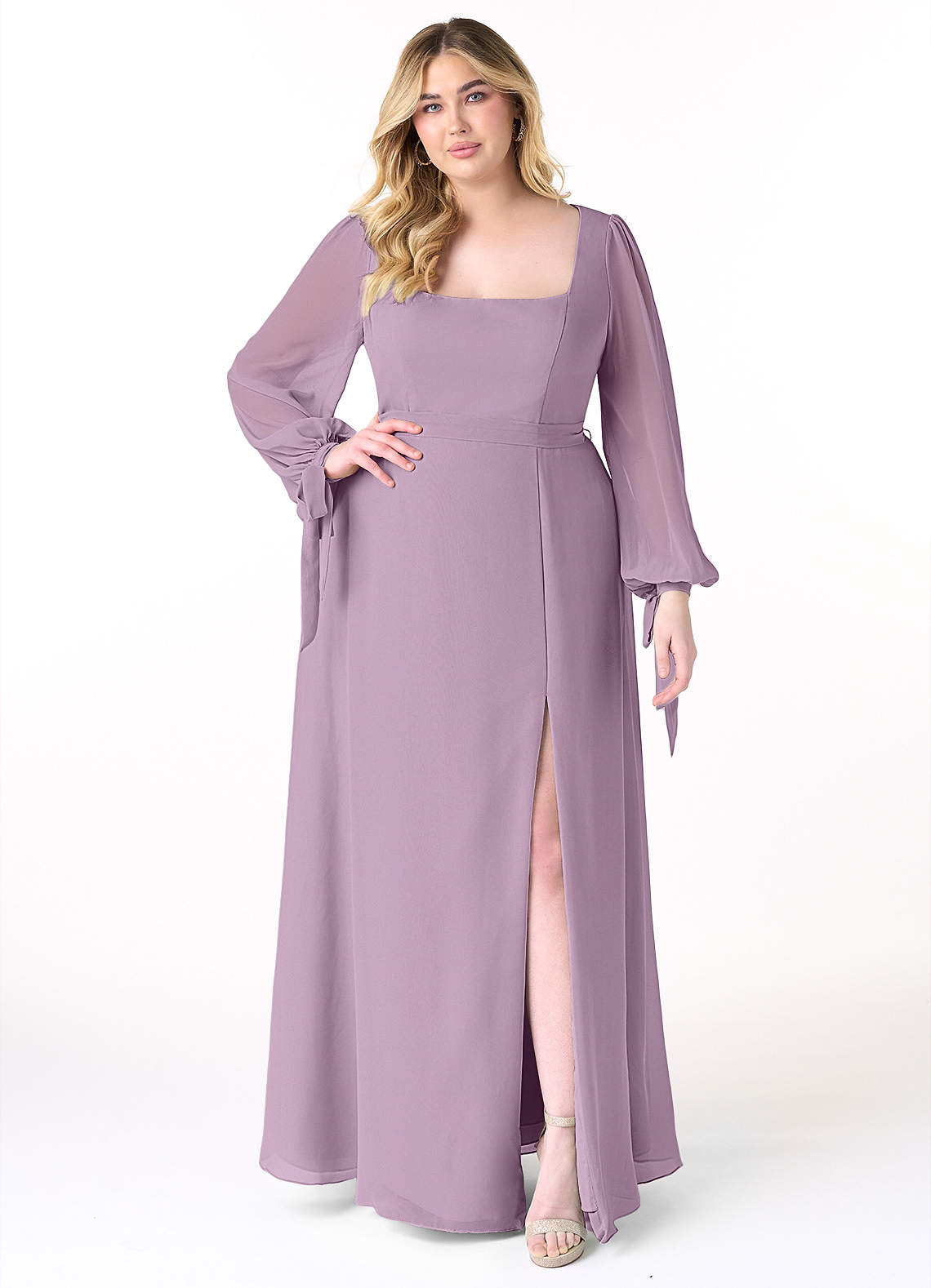 Azazie Leonia Bridesmaid Dresses Wisteria A-Line Long Sleeve Chiffon Dress image1