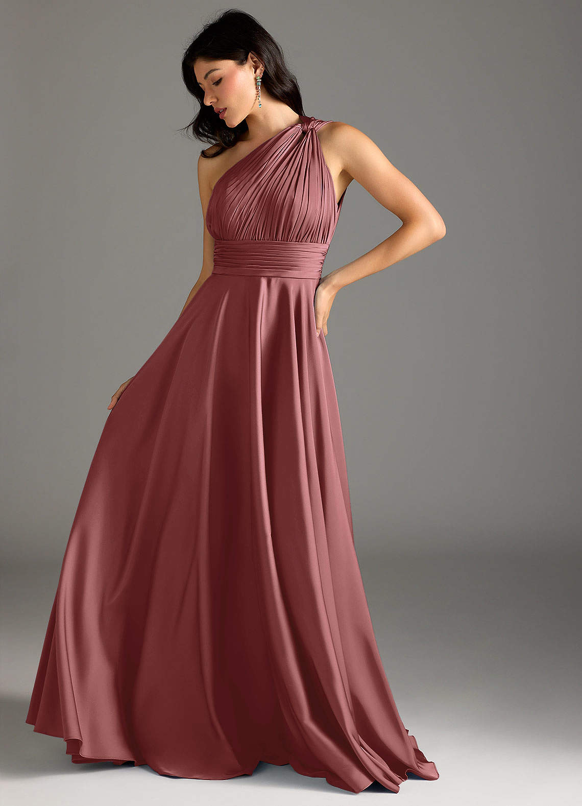 Azazie Charlize Bridesmaid Dresses Amethyst A-Line One Shoulder Stretch Satin Dress image4
