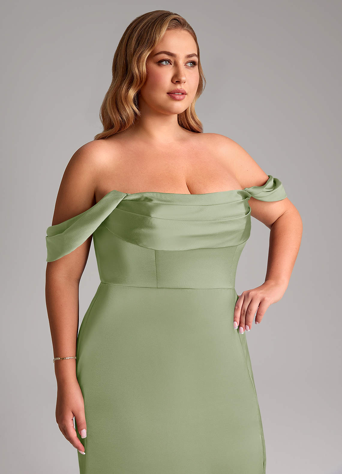 Azazie Saige Bridesmaid Dresses Dusty Sage Sheath Off the Shoulder Stretch Satin Dress image13