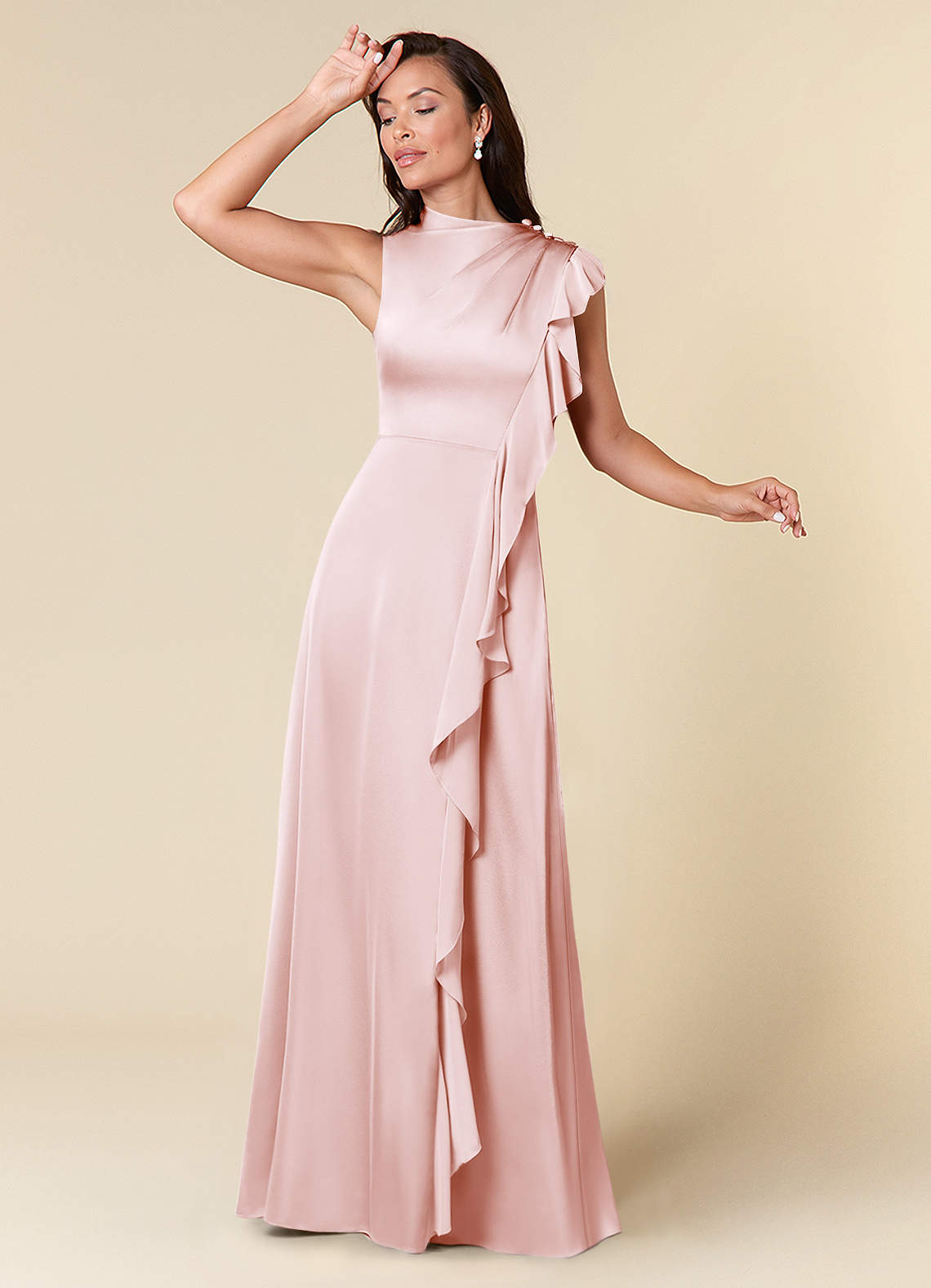 Azazie Narine vestidos de madre de la novia Vestido de Rosa Rubor de Satén Elástico de Corte En A con Escote alto plisado image1