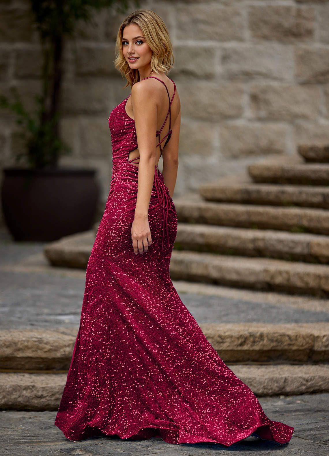 Luxey Burgundy Velvet Sequins Prom Dress image1