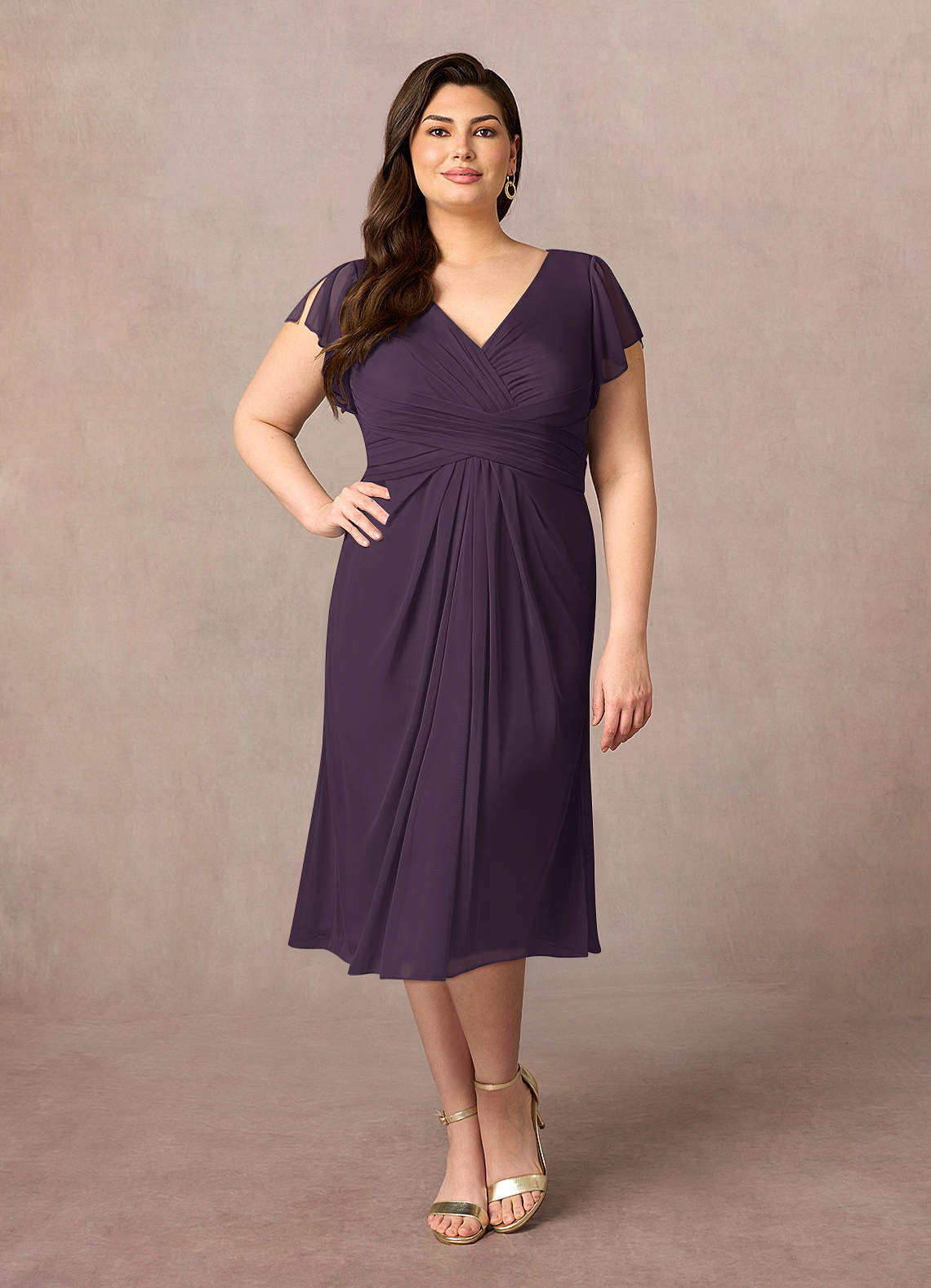 Azazie Vera Moeder van de bruid jurken A-Lijn Jurk van Mesh V-hals geplooid Pruim image1