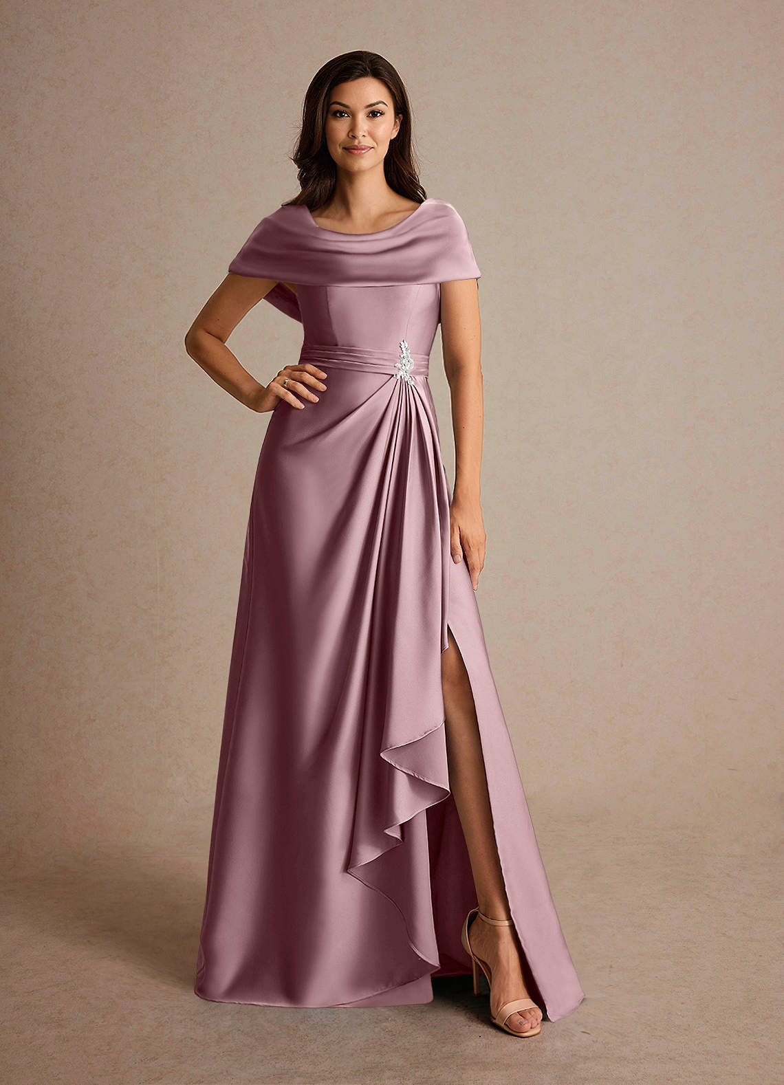 Azazie Branford Mother of the Bride Dresses Dusty Rose A-Line Pleated Stretch Satin Dress image4