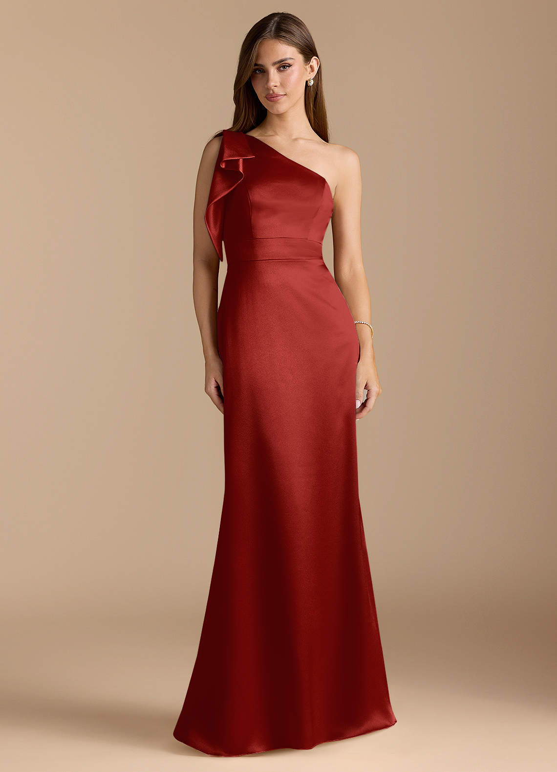Azazie Rinna Vestidos de damas de honor Vestido de Óxido de Satén Metálico de Corte Sirena con Volante image1