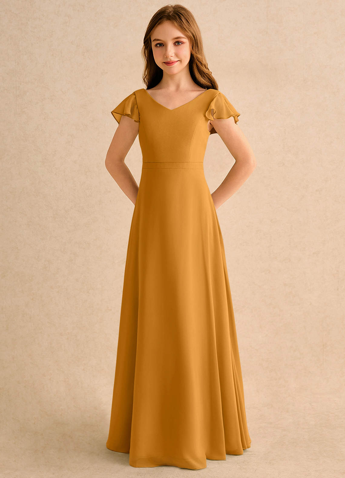 Azazie Nari Girls Formal Vestidos de florista Vestido Caramelo de Chiffon de Linha A com com Mangas image5