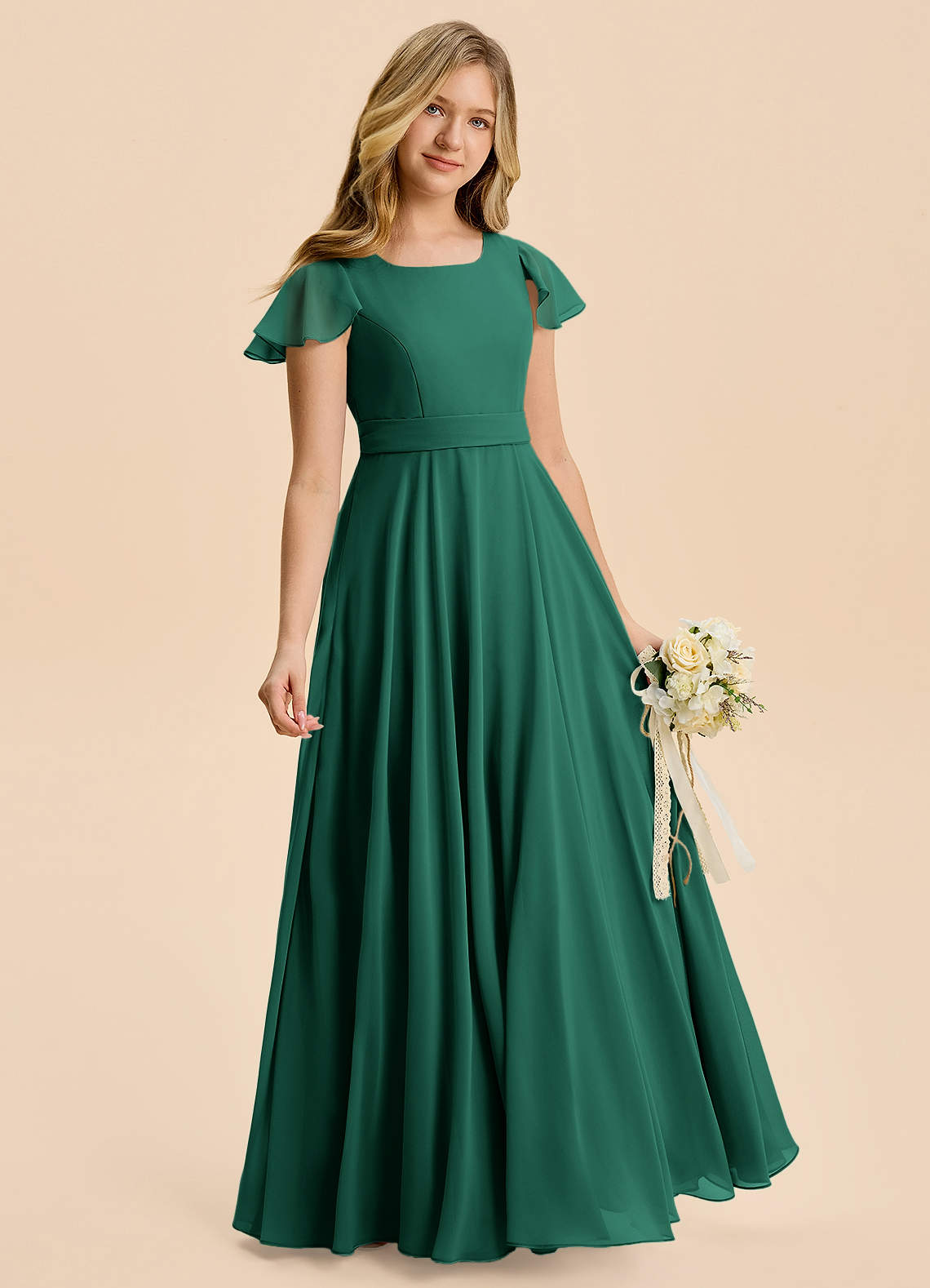 Azazie Cady Junior Emerald A-Line Pleated Chiffon Dress image2