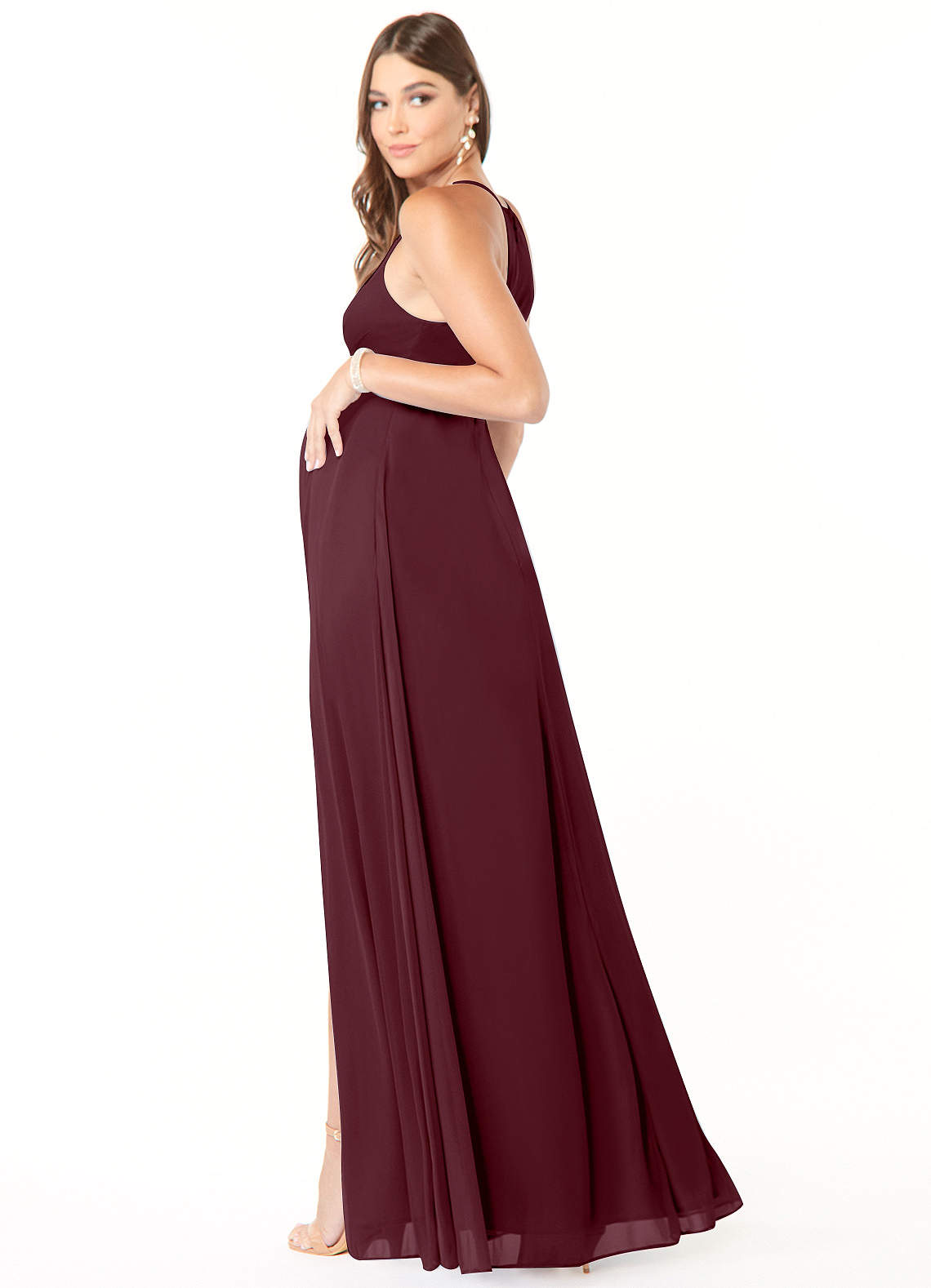 Azazie Annabelle vestidos de dama de honor de maternidad Vestido de Corte En A Cuello en V plisado Hasta el suelo Malla image4