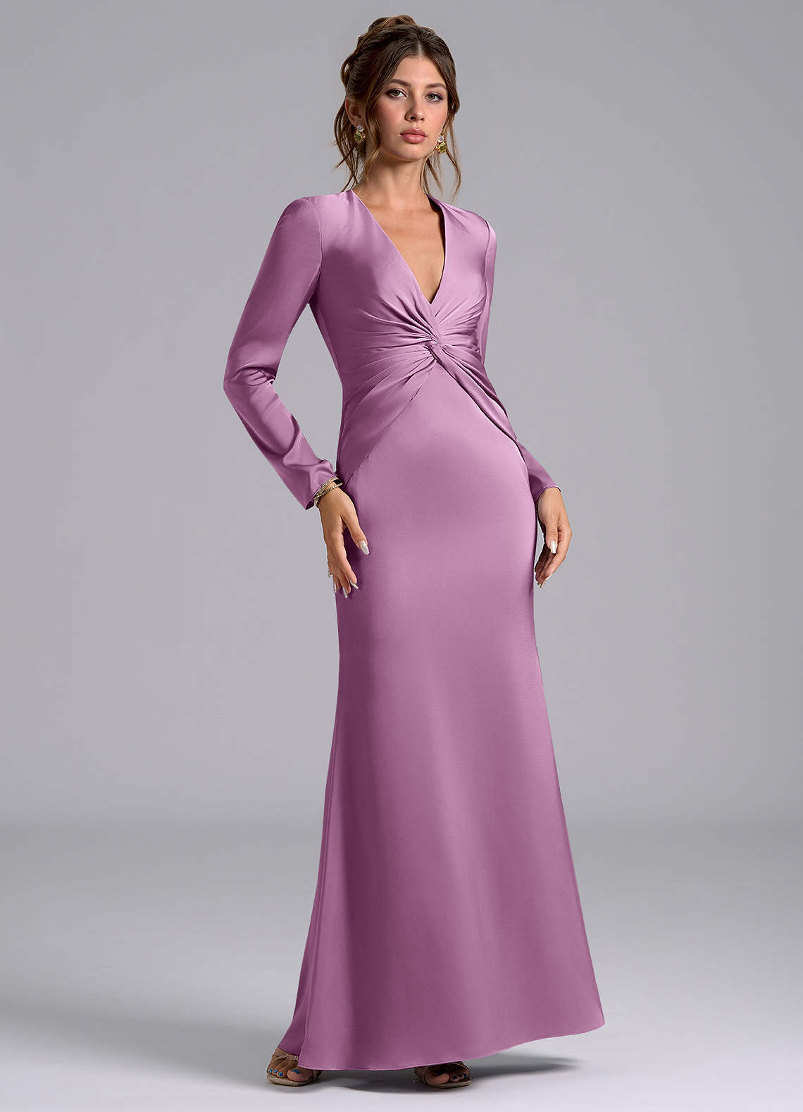 Azazie Valerie Bridesmaid Dresses Wisteria Mermaid Long Sleeve Stretch Satin Dress image1