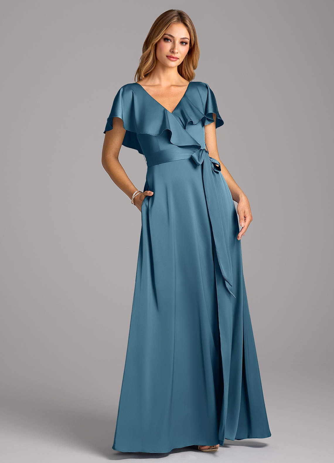 Azazie Lainey Bridesmaid Dresses Bermuda A-Line with Pockets Stretch Satin Dress image1