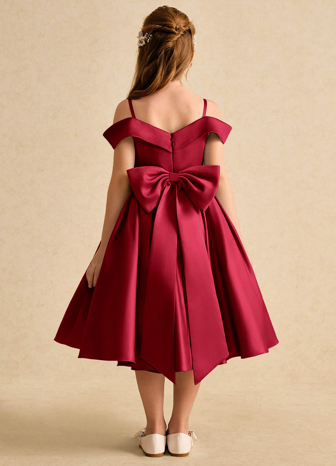 Azazie Favia Flower Girl Dresses Scarlet A-Line Off the Shoulder Matte Satin Dress image1