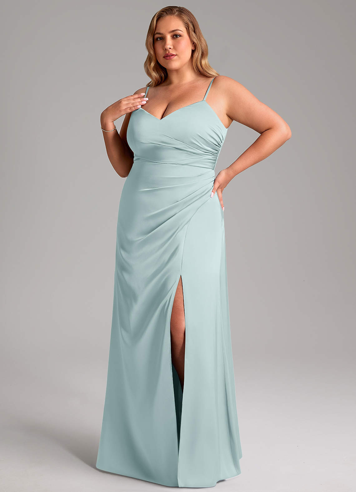 Azazie Azuree Bridesmaid Dresses Mist A-Line Pleated Stretch Satin Dress image1