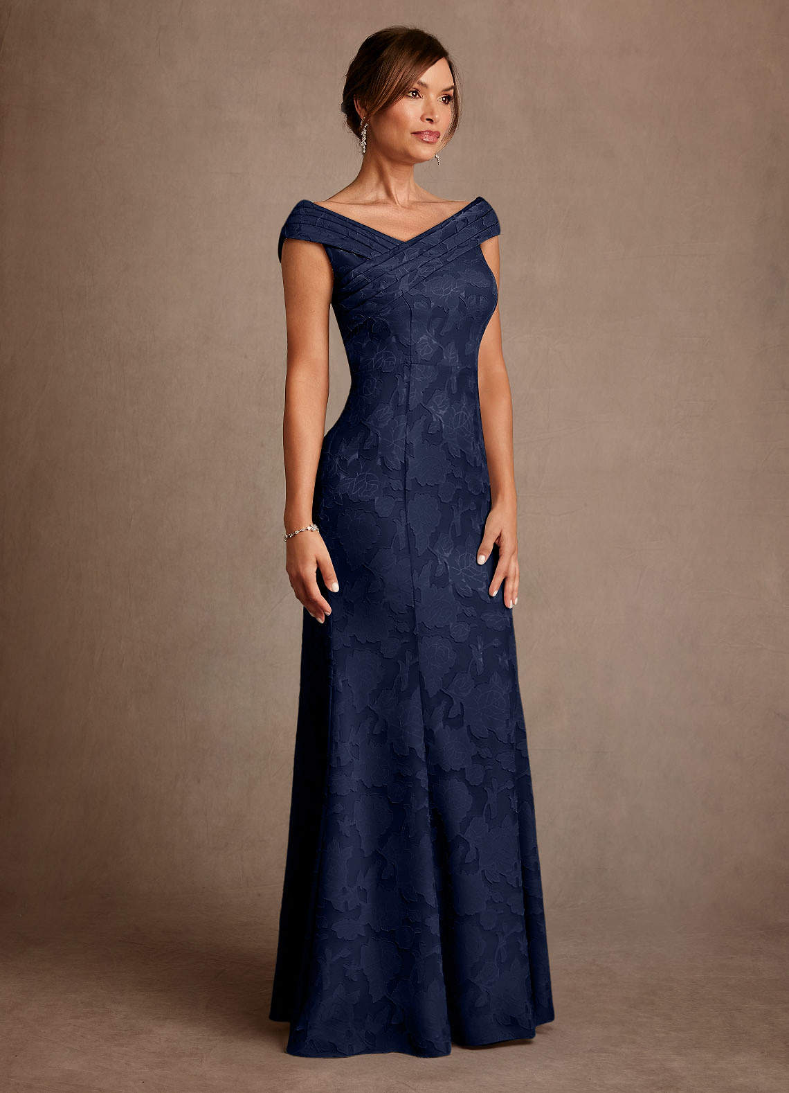 Azazie Aberdeen Mother of the Bride Dresses Dark Navy Sheath Pleated Floral Burnout Dress image2