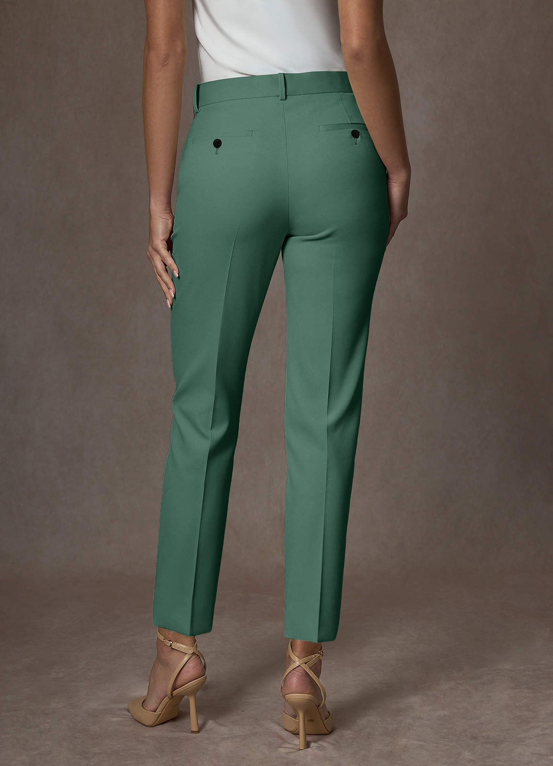 front Whitney Eucalyptus Structured Stretch Full Length Dress Pants