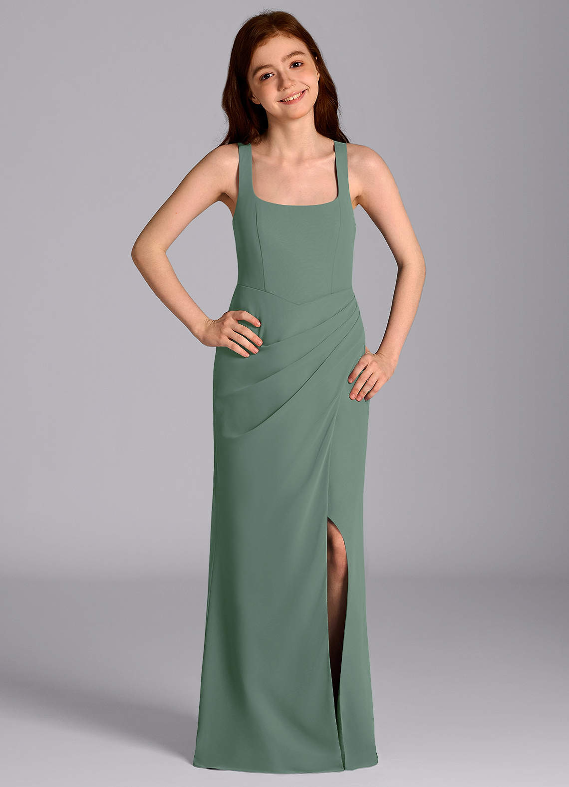 Azazie Mero Junior Eucalyptus Mermaid Pleated Chiffon Dress image1