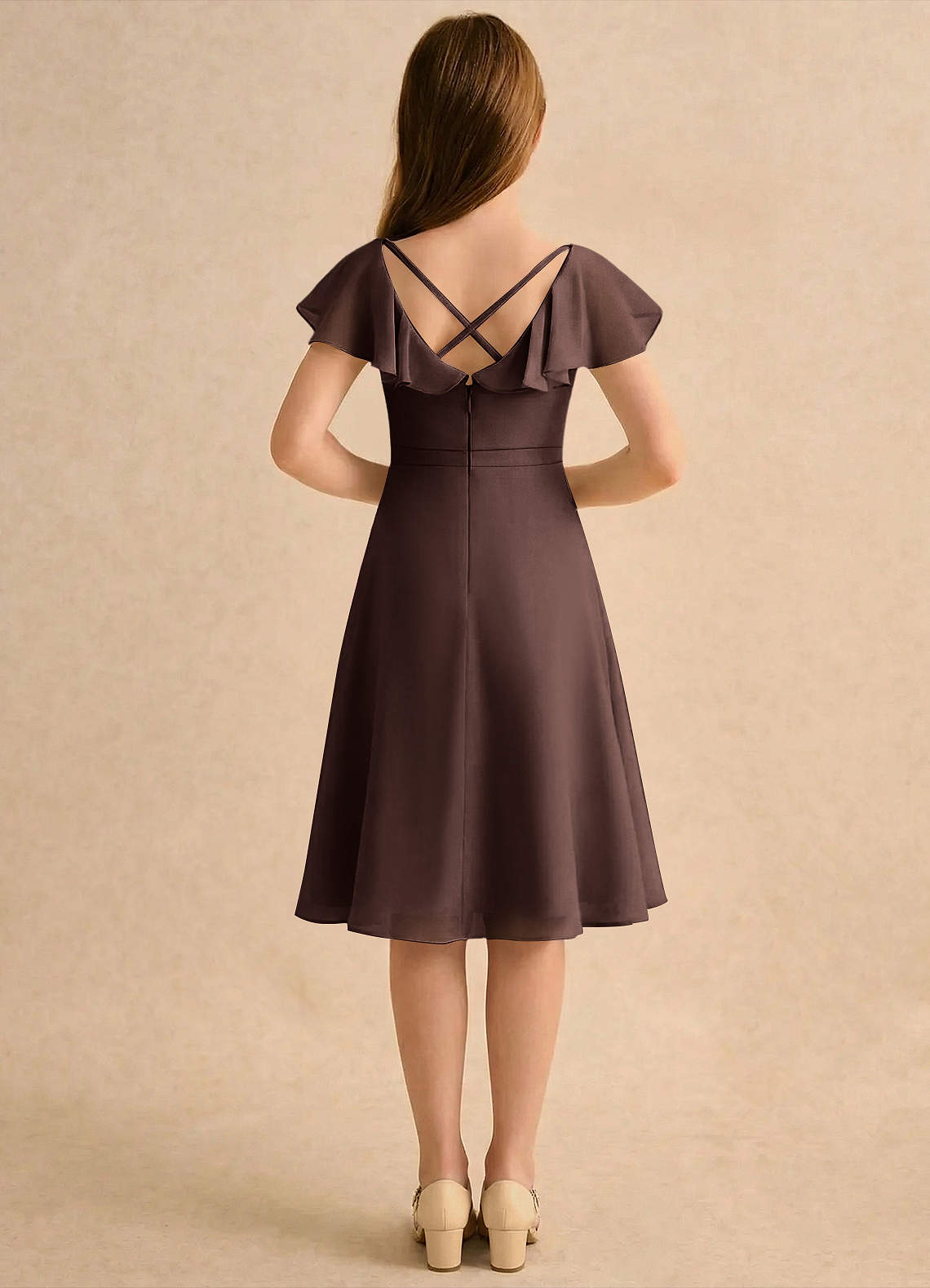 Azazie Narin Girls Formal Flower Girl Dresses Ganache A-Line with Sleeves Chiffon Dress image1